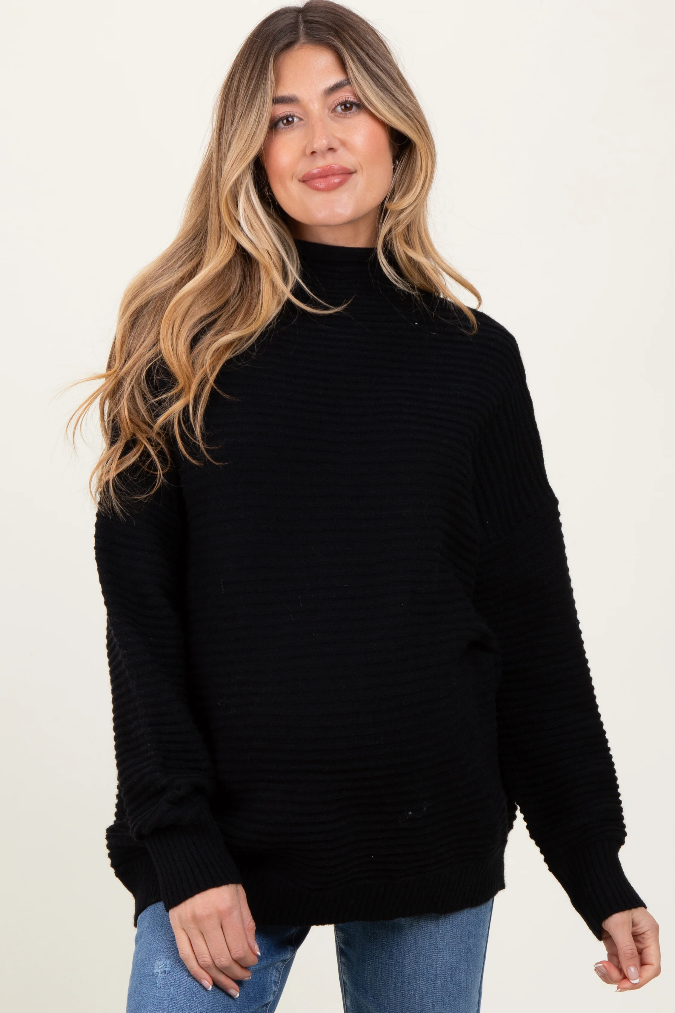 Black Ribbed Knit Turtleneck Dolman Sleeve Maternity Sweater - Image 2