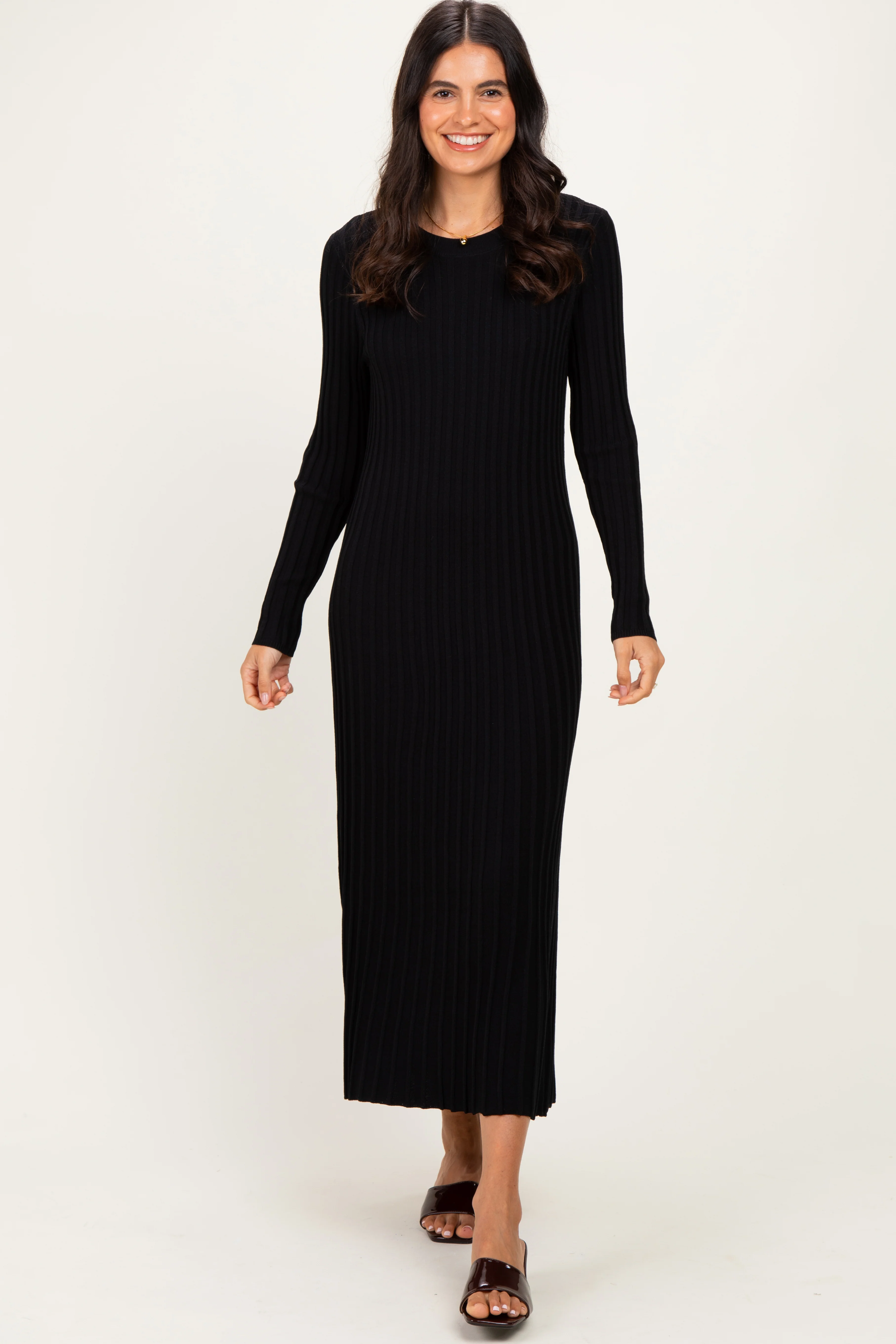 Black Ribbed Long Sleeve Maternity Sweater Midi Dress - Image 4