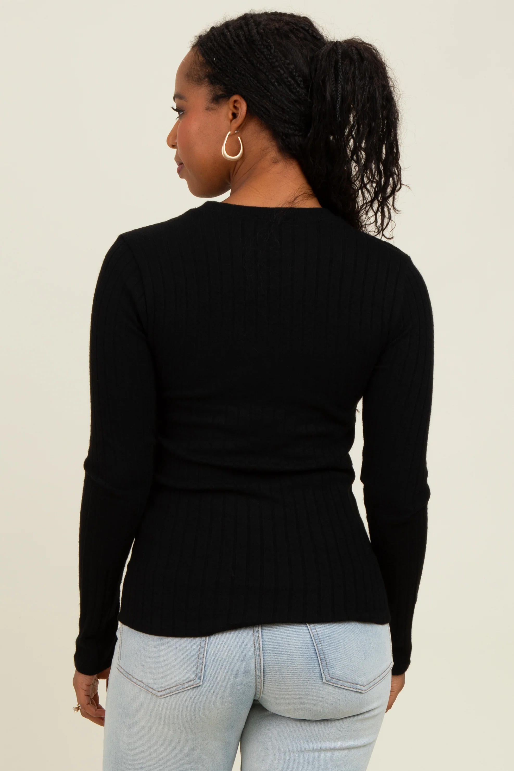 Black Ribbed Long Sleeve Top - Image 3