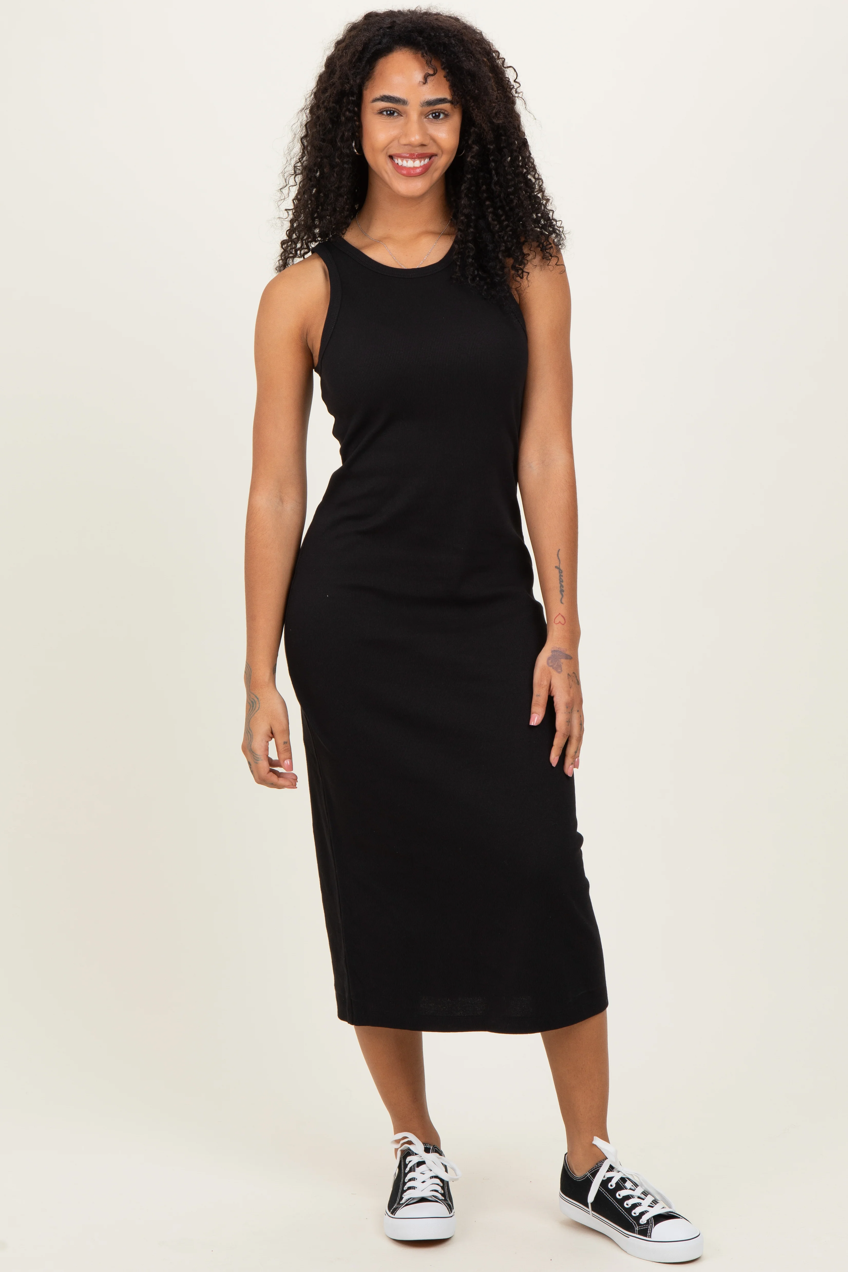 Black Ribbed Maternity Tank Midi Dress - Image 5