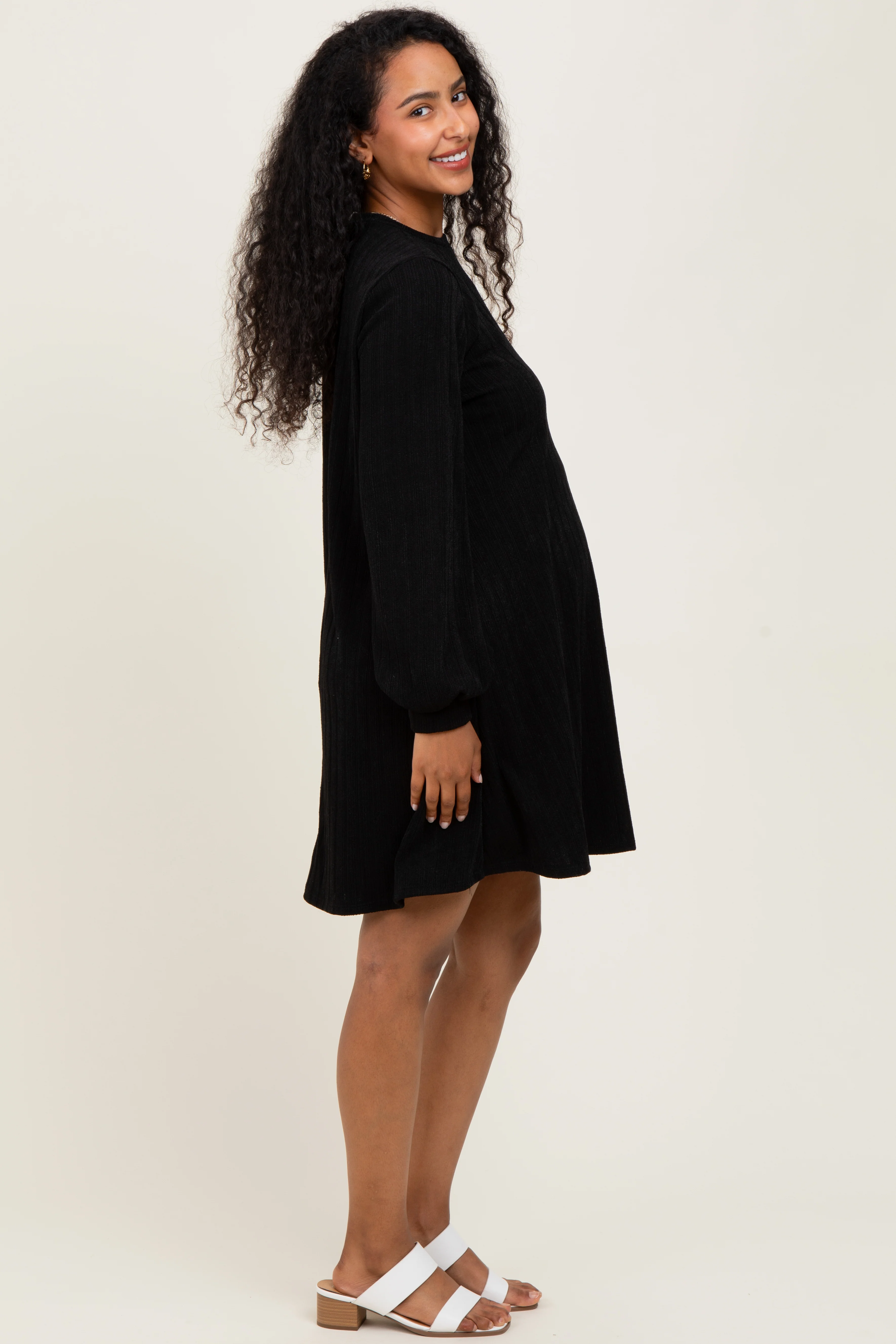 Black Ribbed Mock Neck Bubble Sleeve Maternity Dress - Image 2