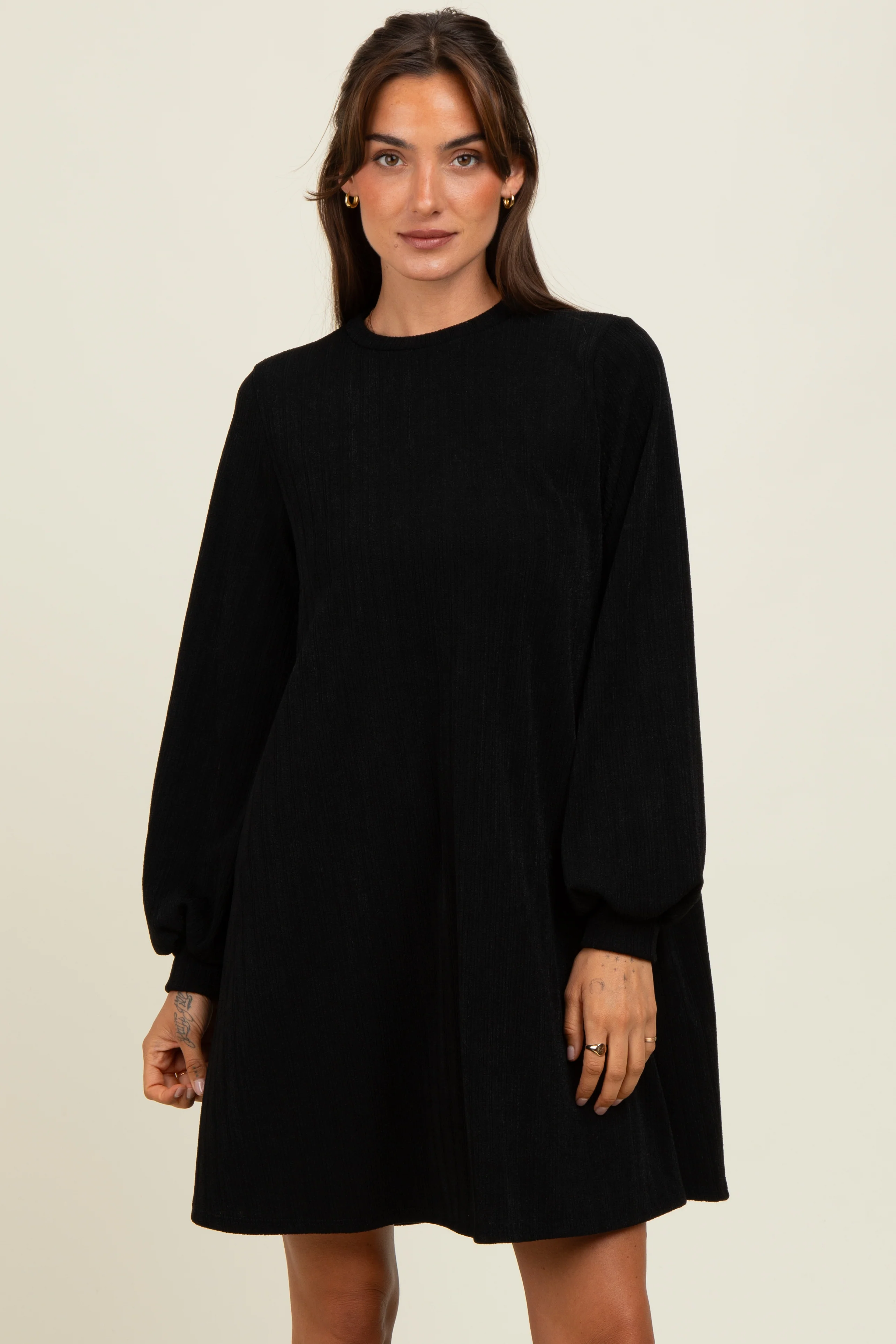 Black Ribbed Mock Neck Bubble Sleeve Maternity Dress - Image 4