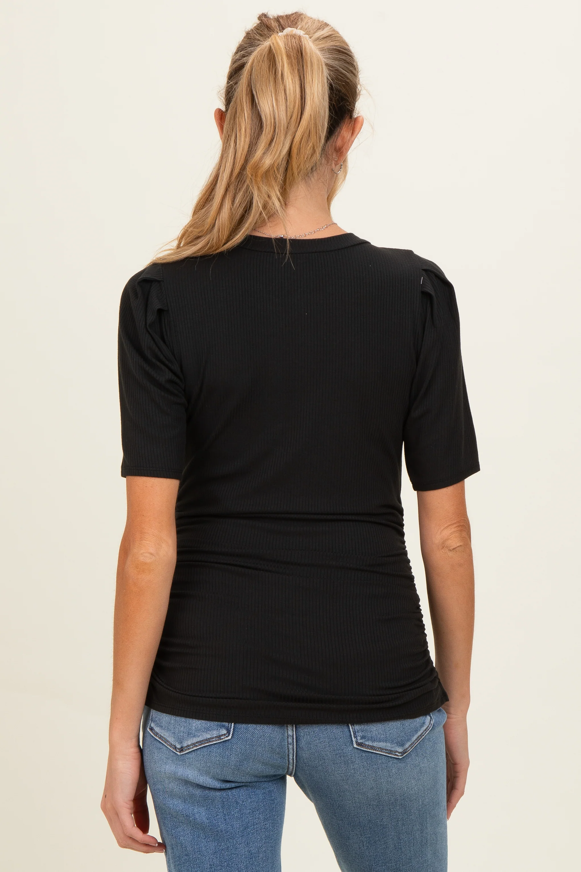 Black Ribbed Ruched Fitted Maternity Top - Image 4