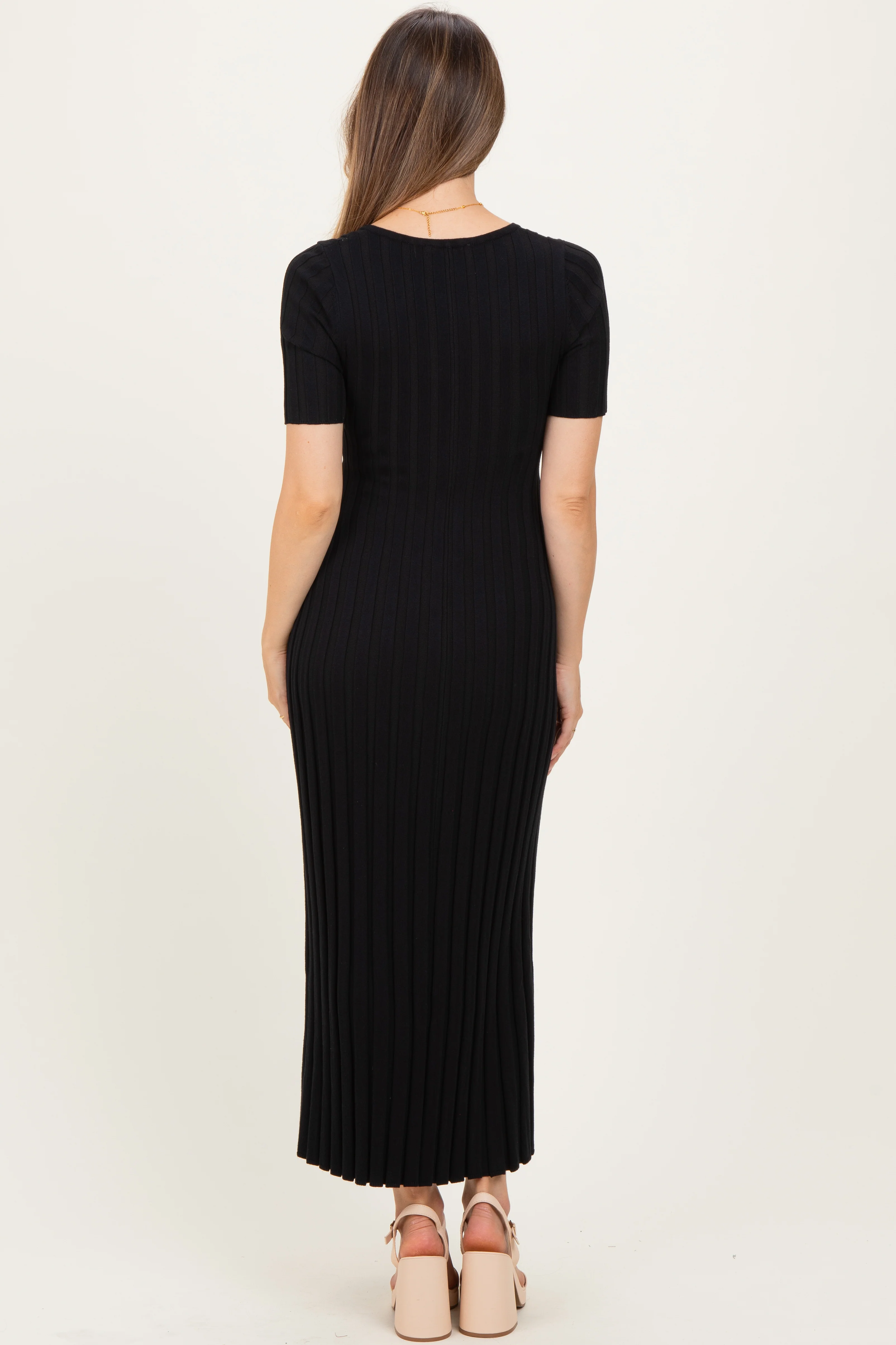 Black Ribbed Short Sleeve Maternity Knit Maxi Dress - Image 4
