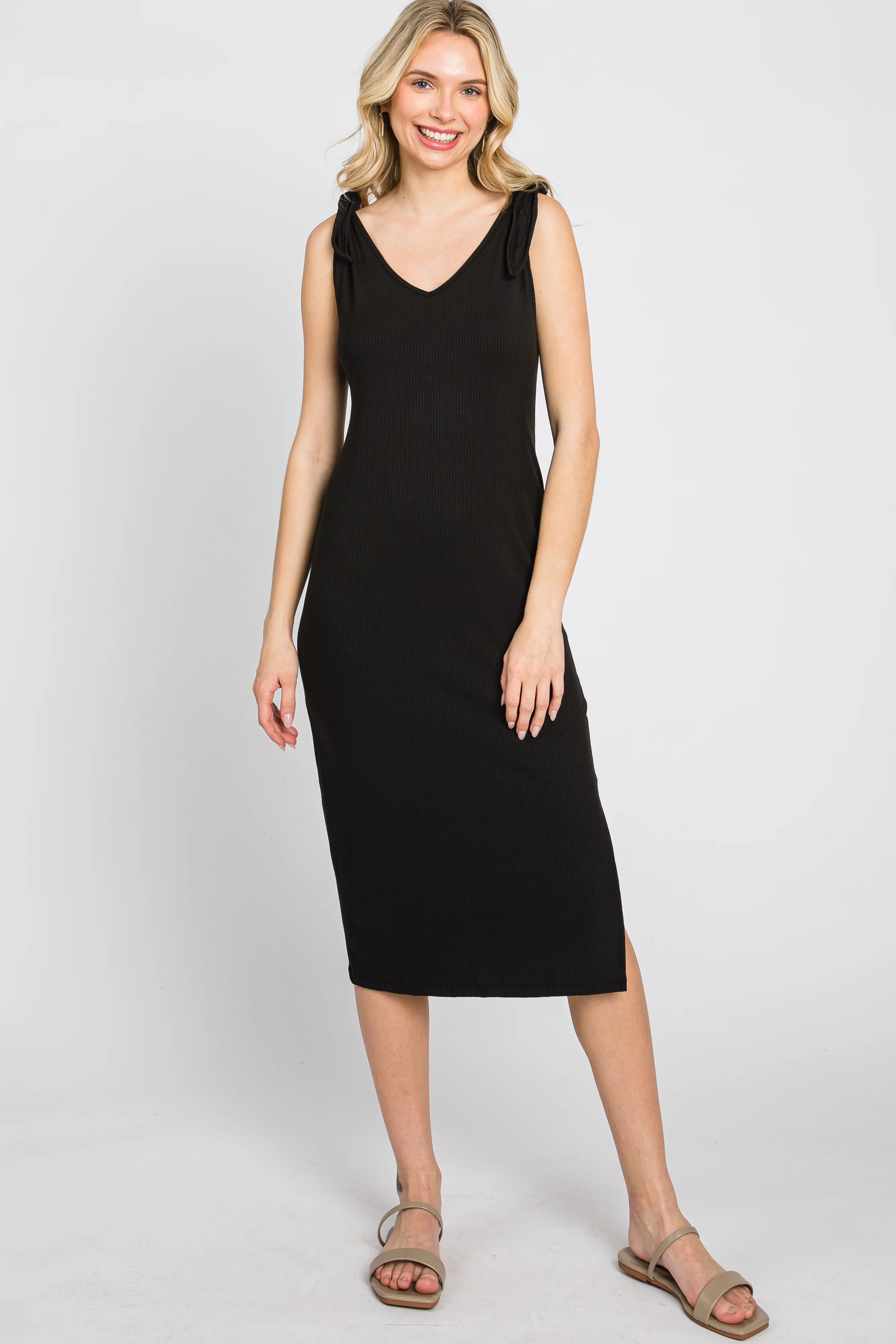 Black Ribbed Shoulder Tie Maternity Midi Dress - Image 5