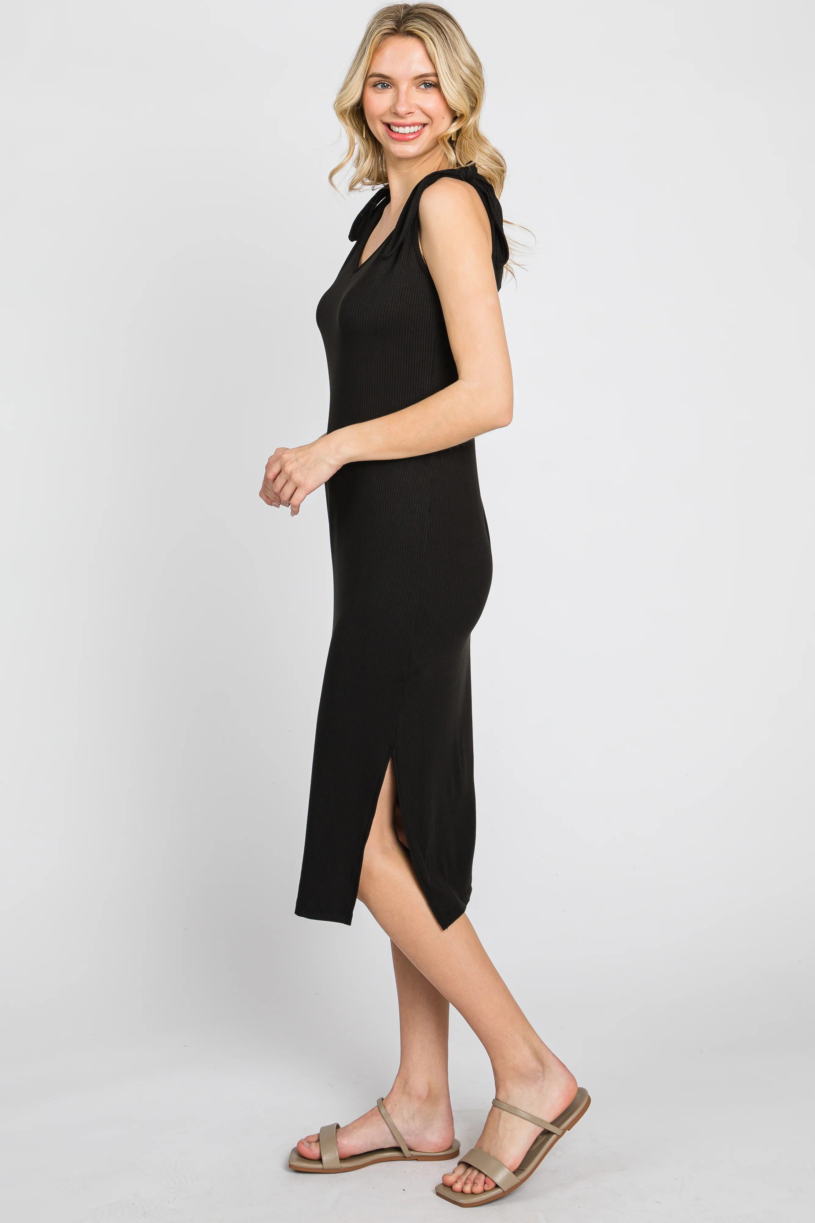 Black Ribbed Shoulder Tie Midi Dress - Image 2
