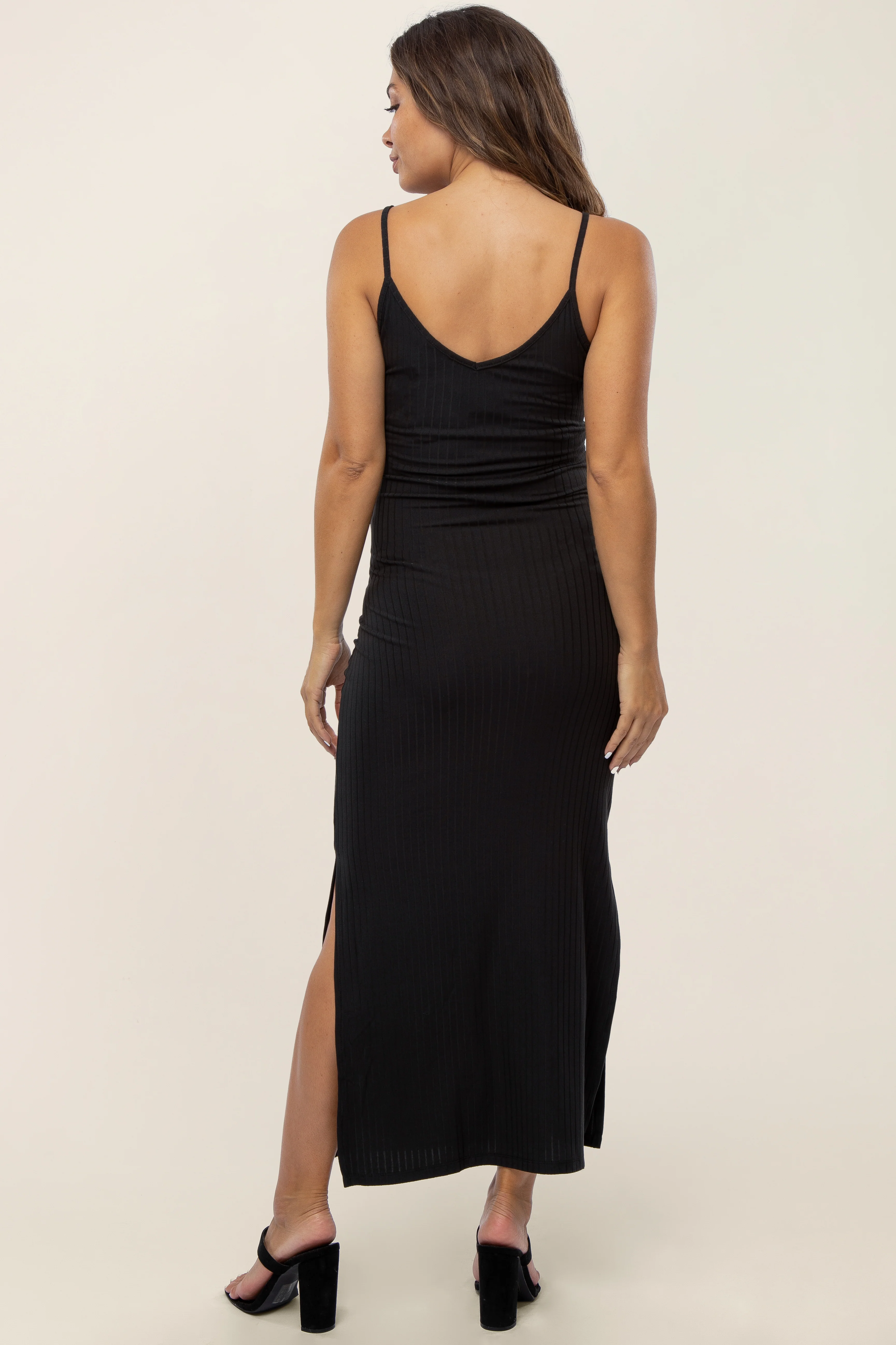 Black Ribbed Side Slit Maternity Maxi Dress - Image 3