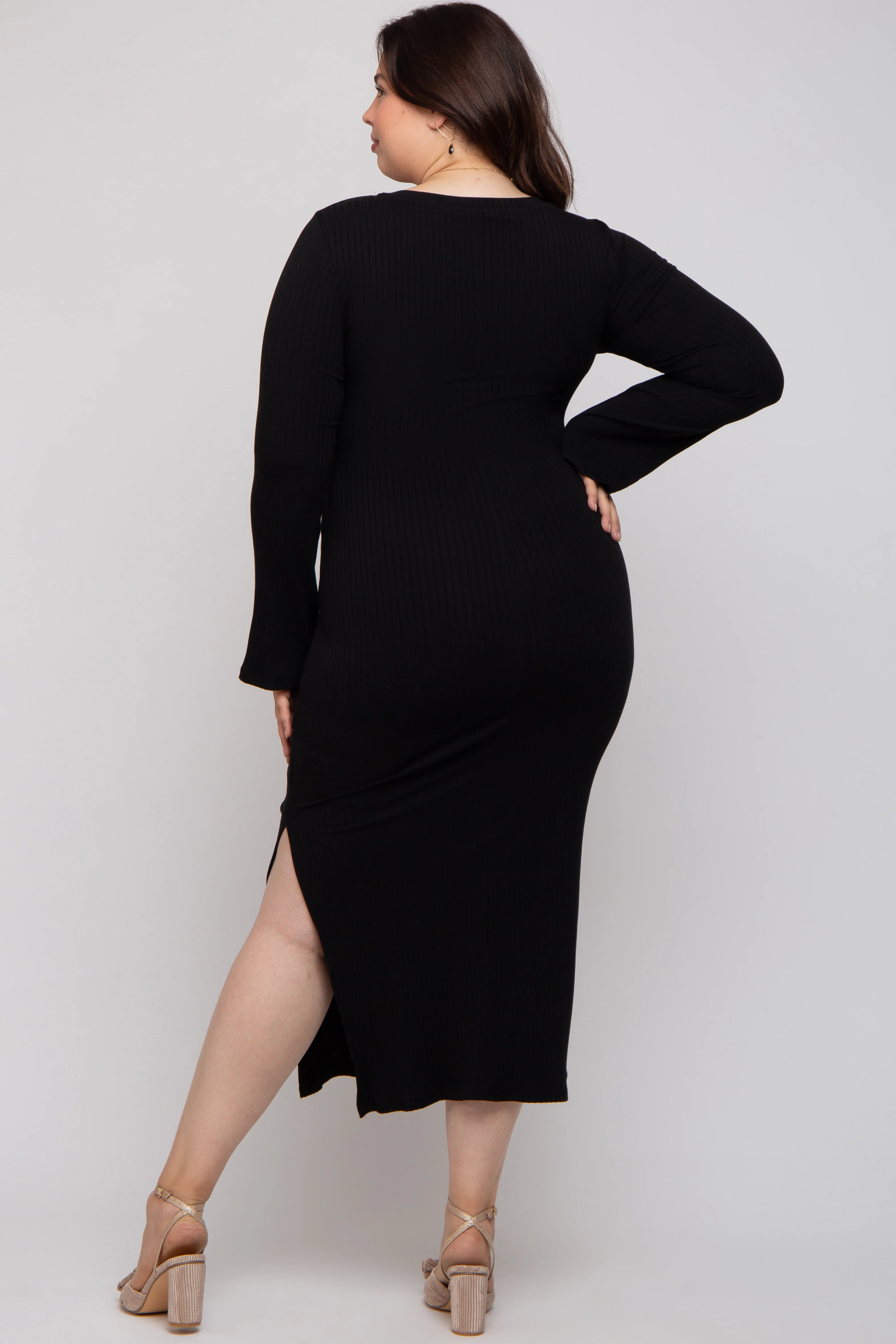 Black Ribbed Side Slit Maternity Plus Maxi Dress - Image 4