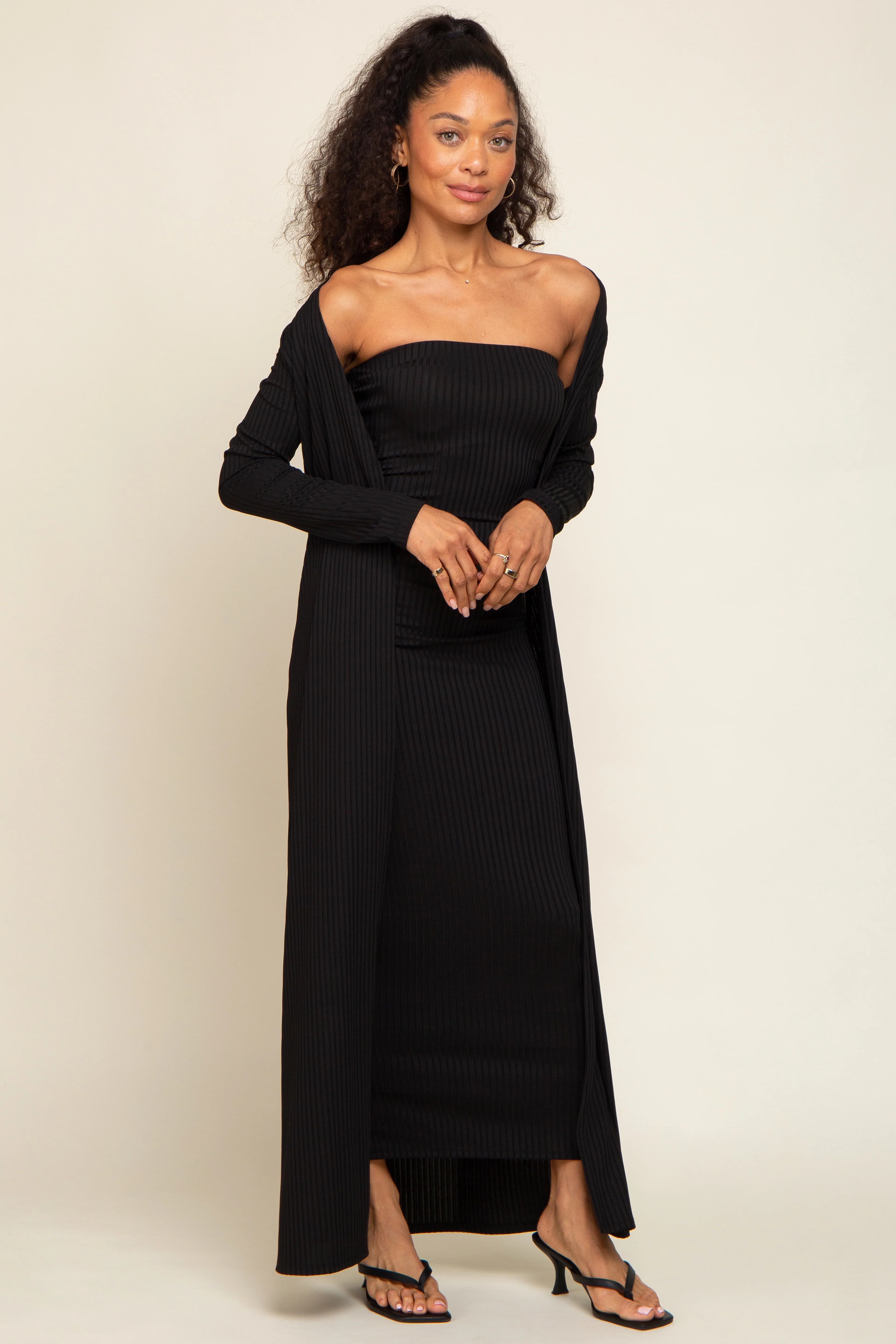 Black Ribbed Sleeveless Dress Cardigan Set - Image 5