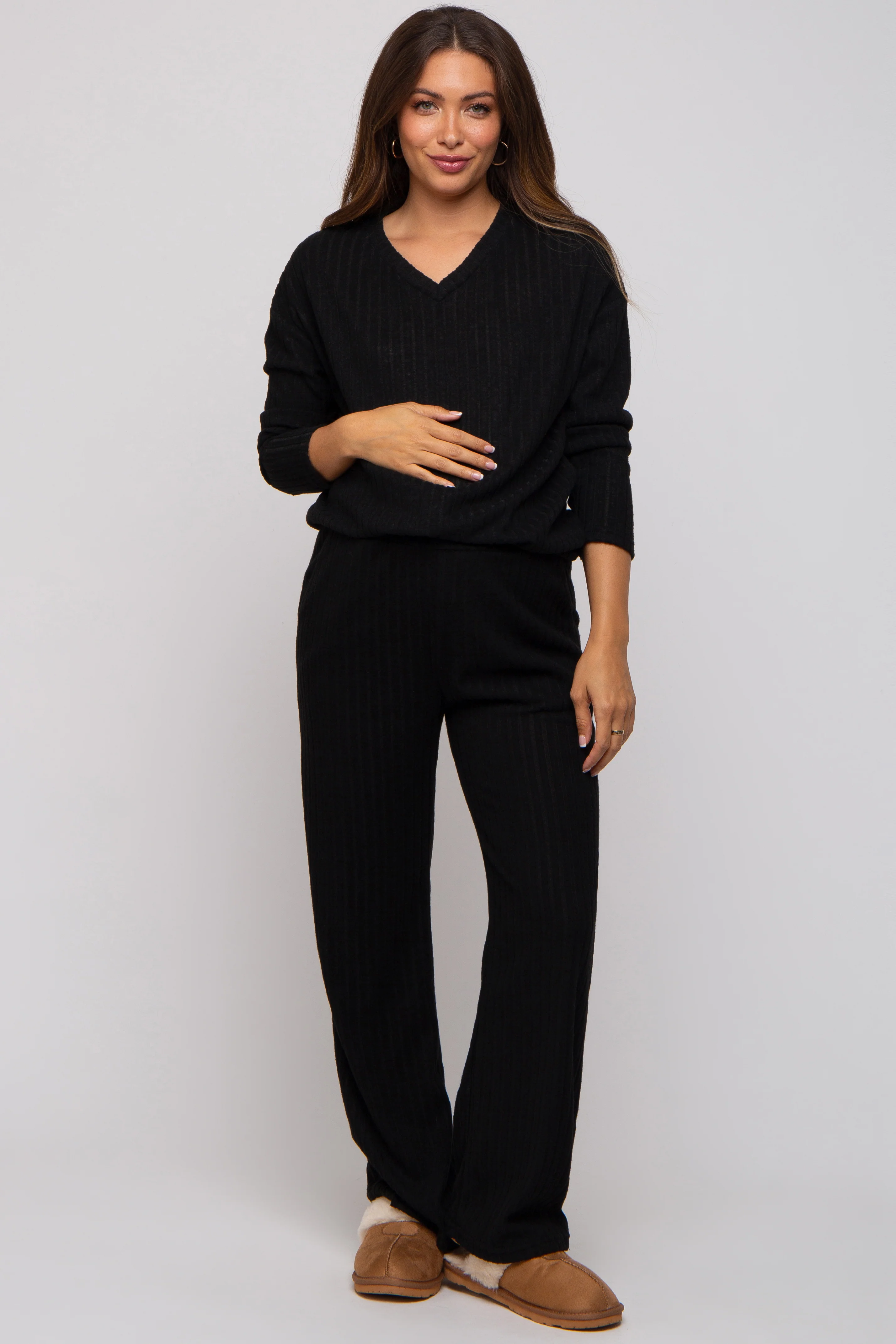 Black Ribbed Soft Knit Long Sleeve Maternity Pajama Set - Image 4