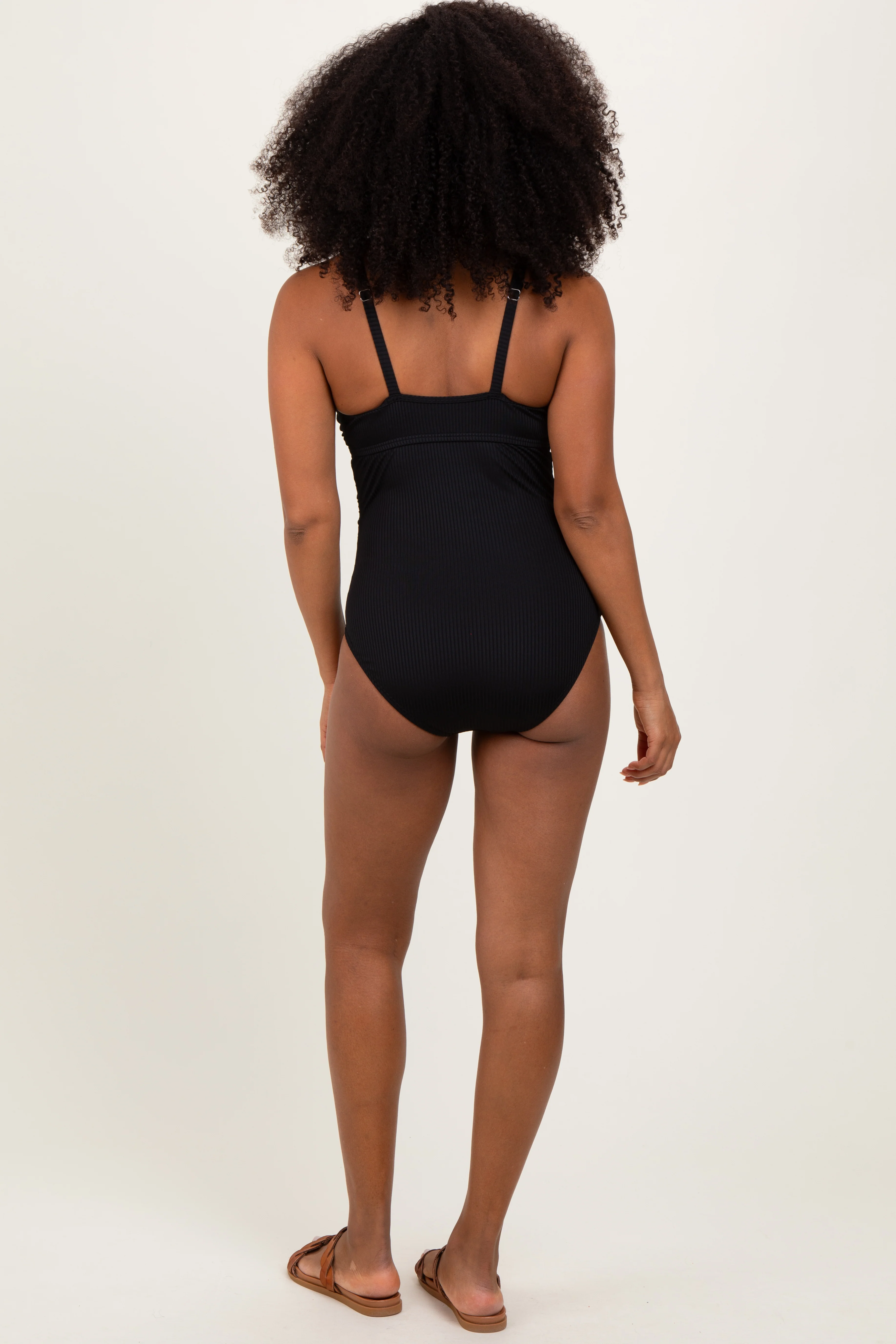 Black Ribbed Split Neckline Swimsuit - Image 4