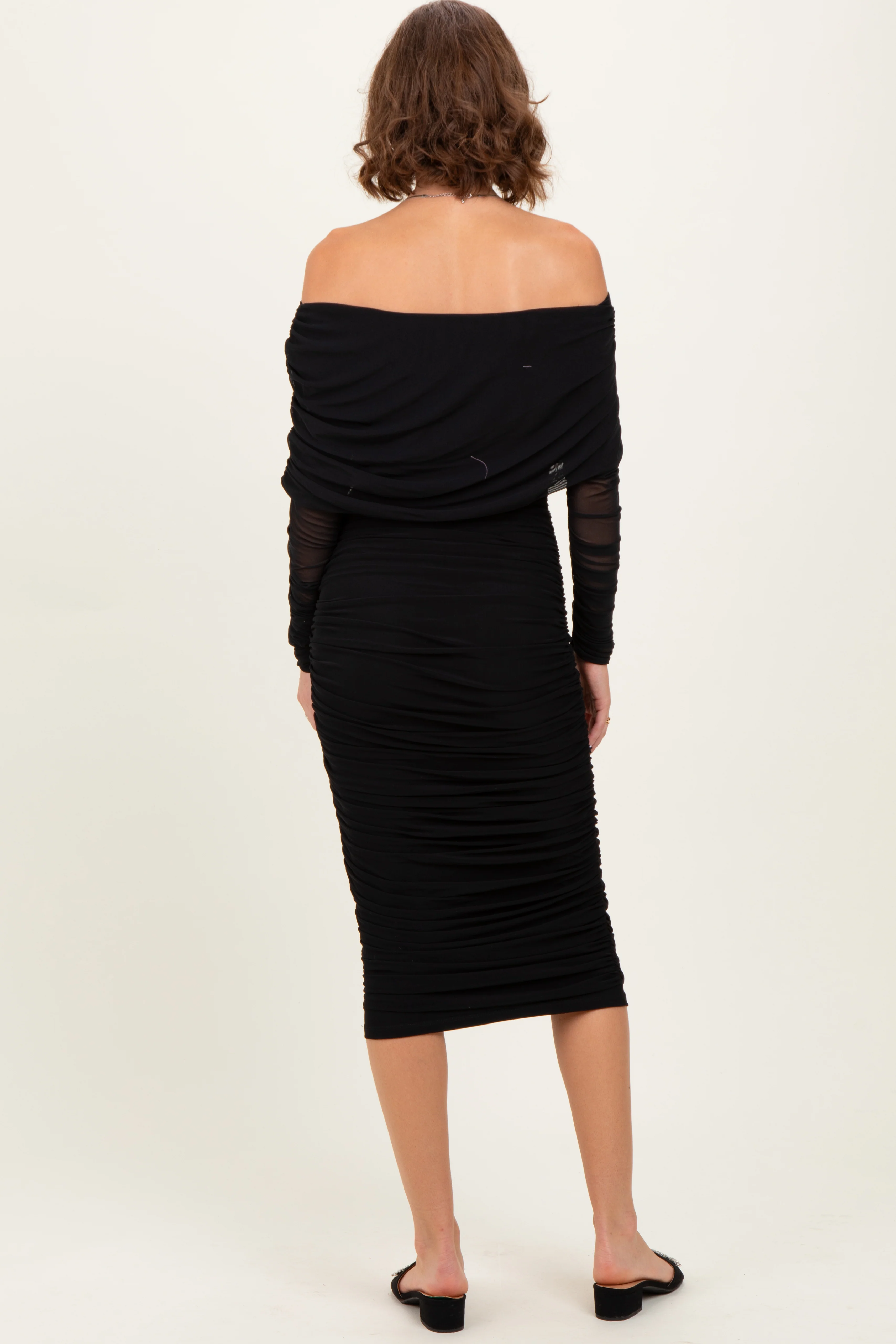 Black Ruched Mesh Off Shoulder Long Sleeve Midi Dress - Image 3