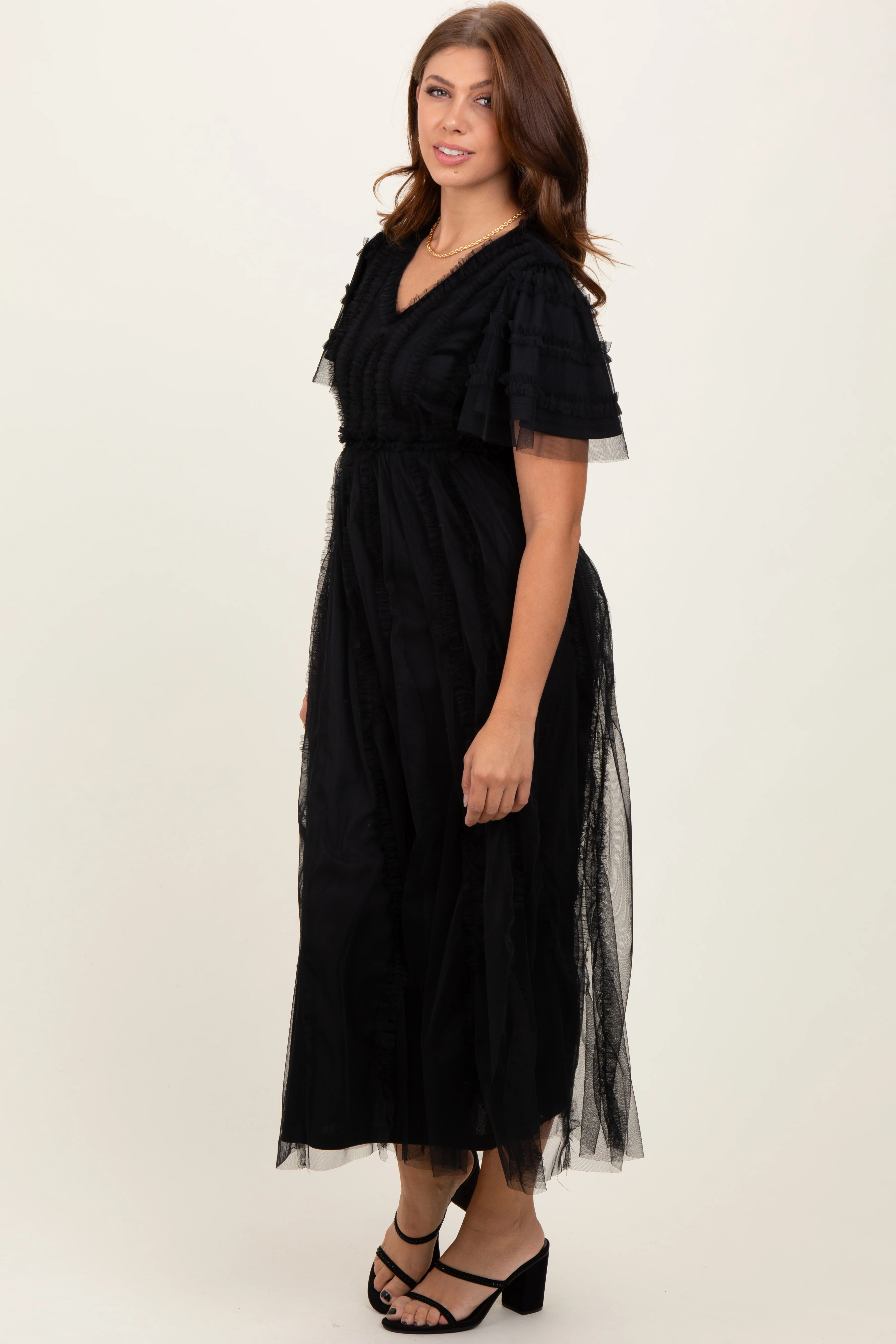 Black Ruffle Accent Mesh Overlay Maxi Dress - Image 3