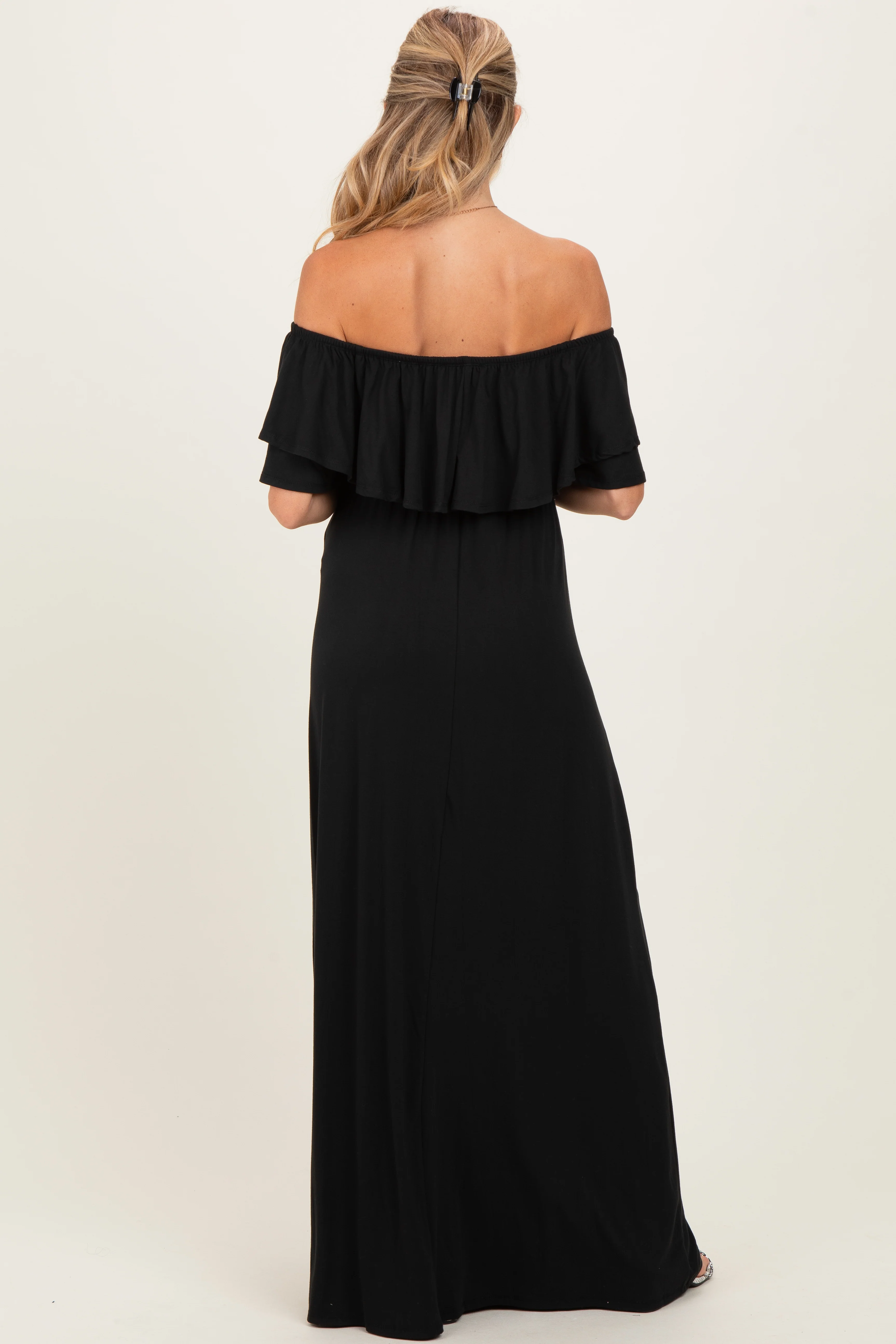Black Ruffle Off Shoulder Maternity Maxi Dress - Image 3