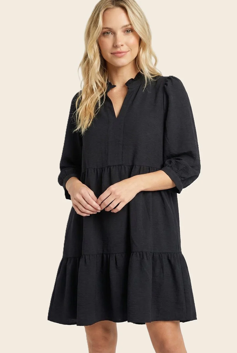 Black Ruffle Split Neck Tiered Dress - Image 2