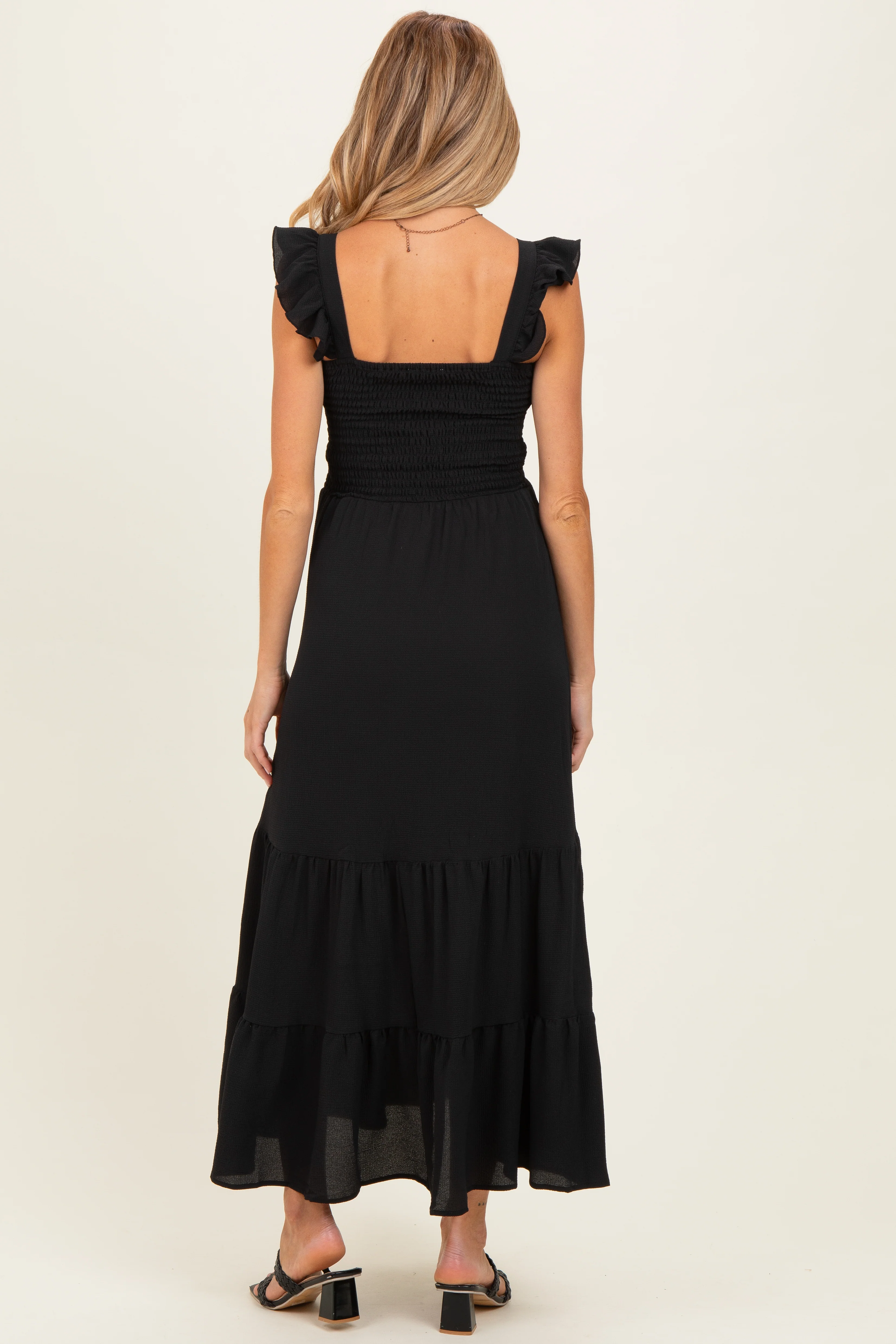 Black Ruffle Strap Smocked Maternity Maxi Dress - Image 3