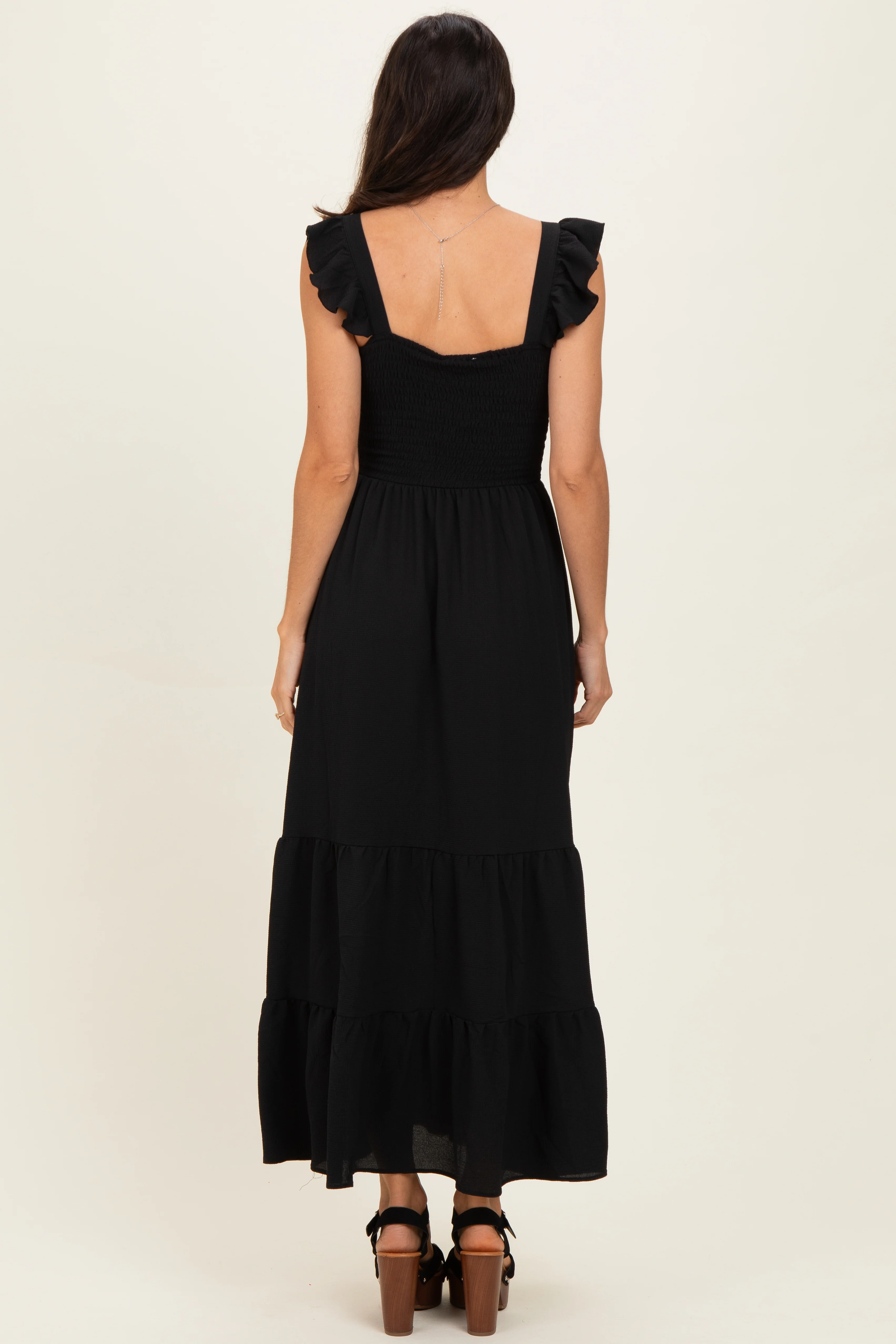 Black Ruffle Strap Smocked Maxi Dress - Image 3