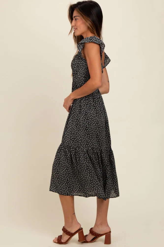 Black Ruffle Strap Smocked Mid Dress - Image 3