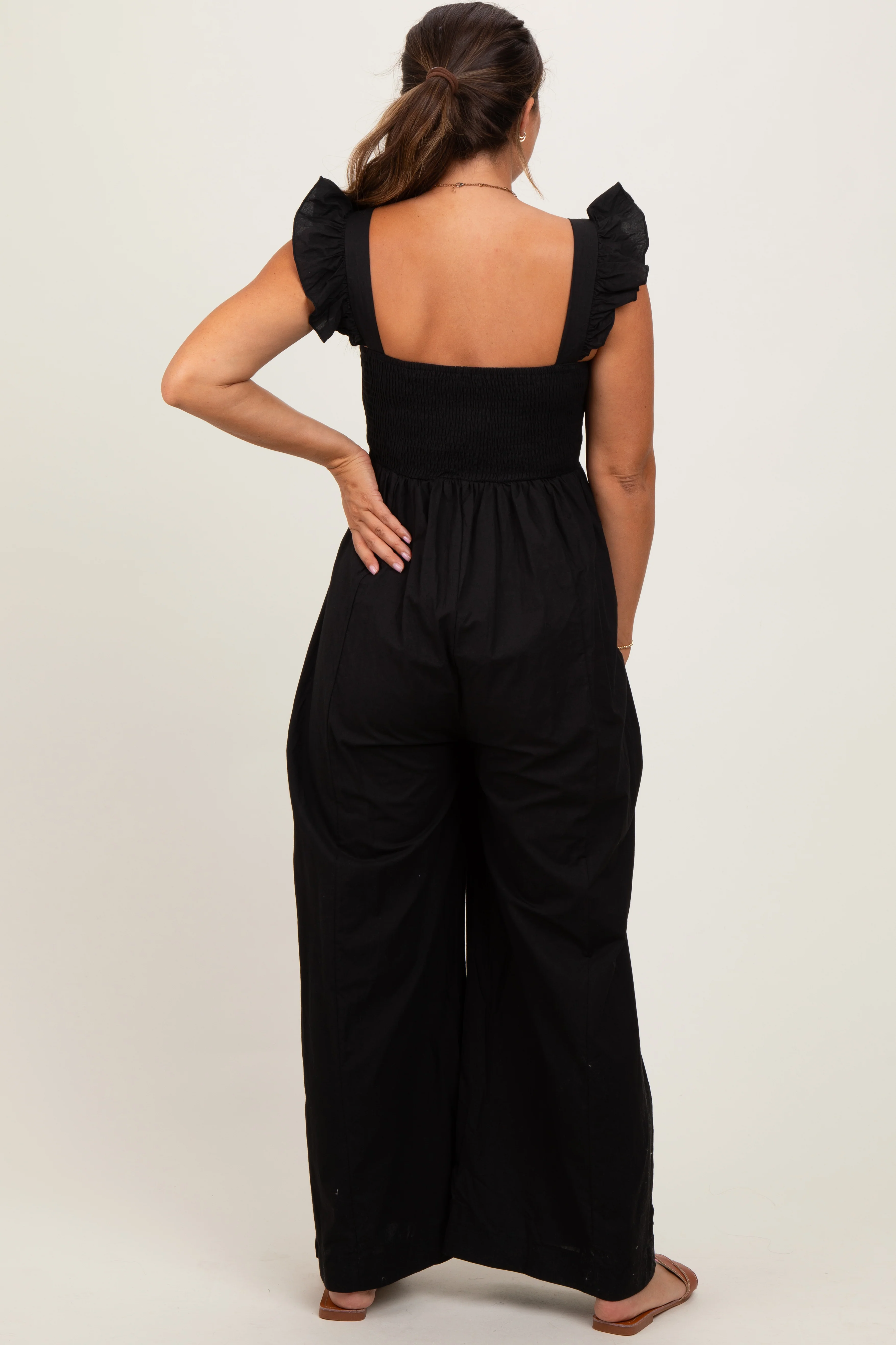 Black Ruffle Strap Smocked Wide Leg Maternity Jumpsuit - Image 3