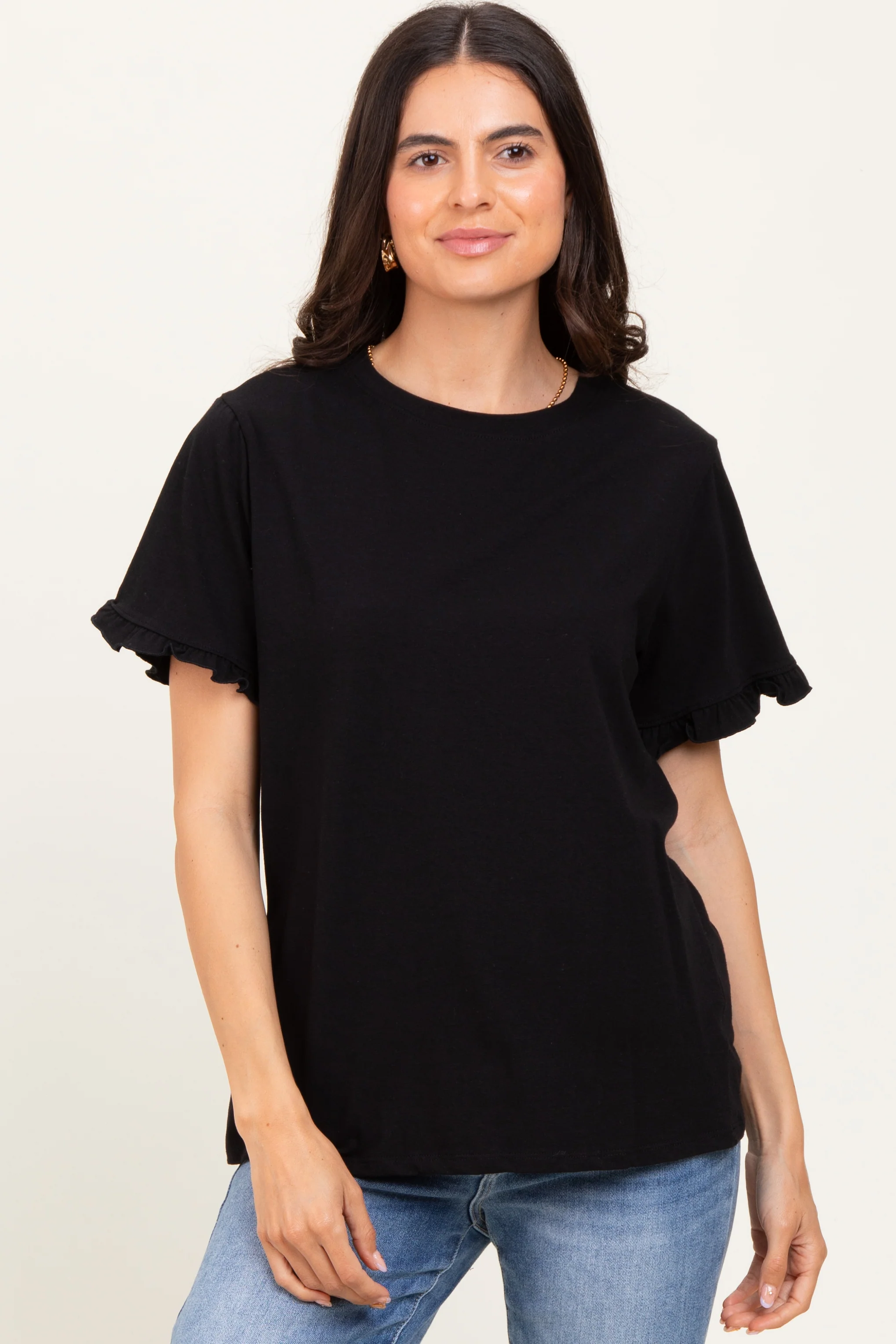 Black Ruffle Trim Short Sleeve Maternity T-Shirt - Image 3