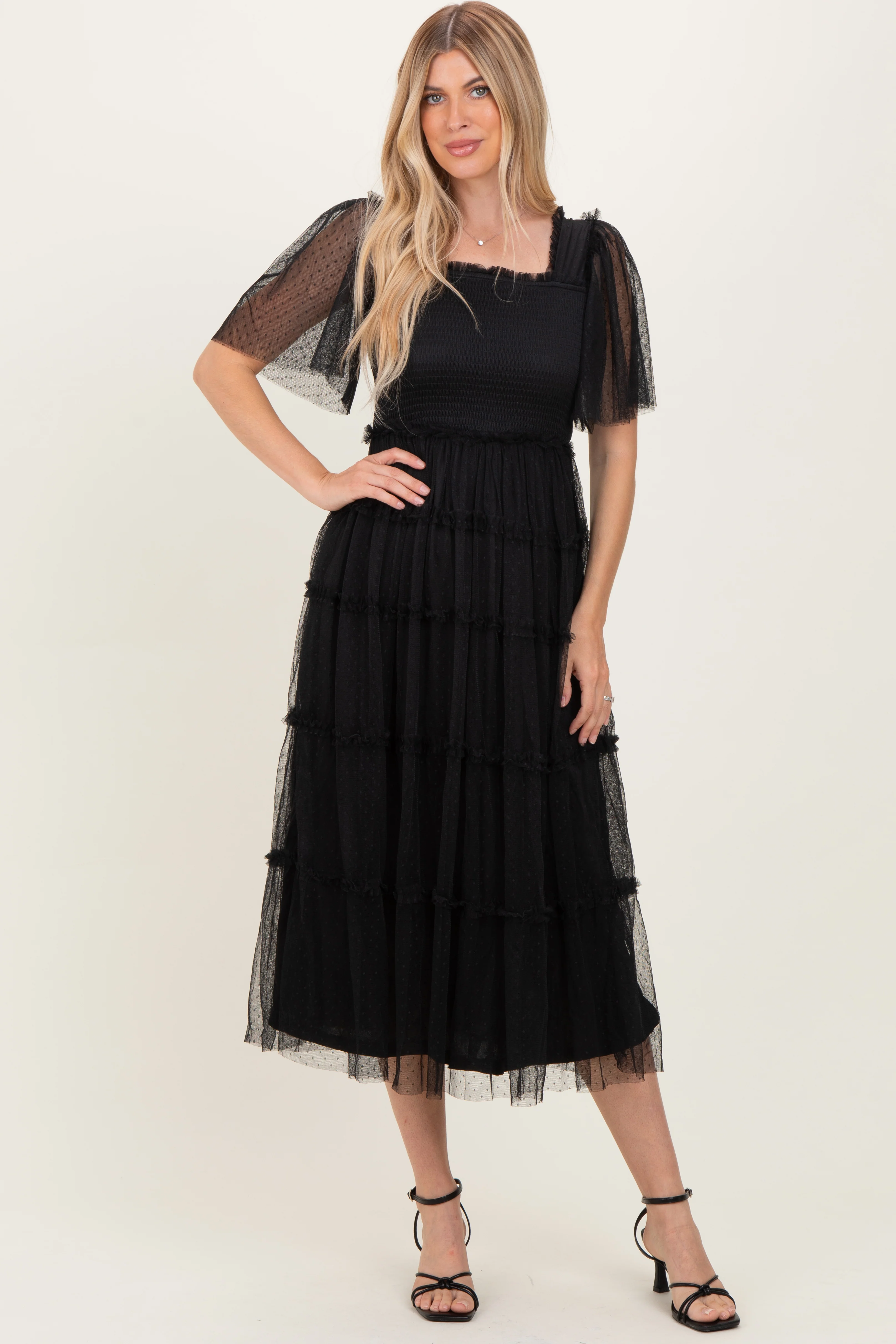 Black Ruffled Mesh Maternity Maxi Dress - Image 5