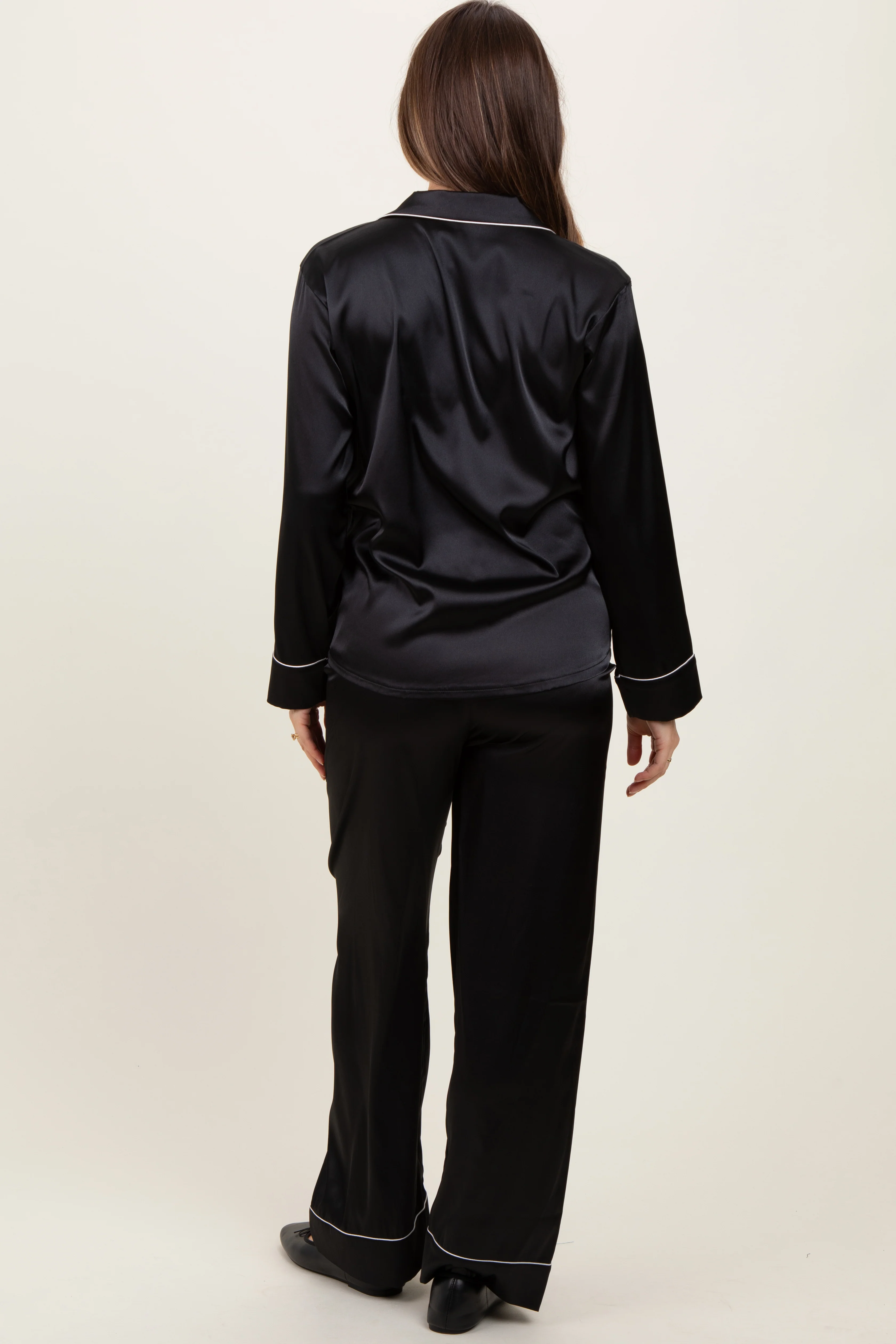 Black Satin Contrast Trim Long Sleeve Maternity Pajama Set - Image 4
