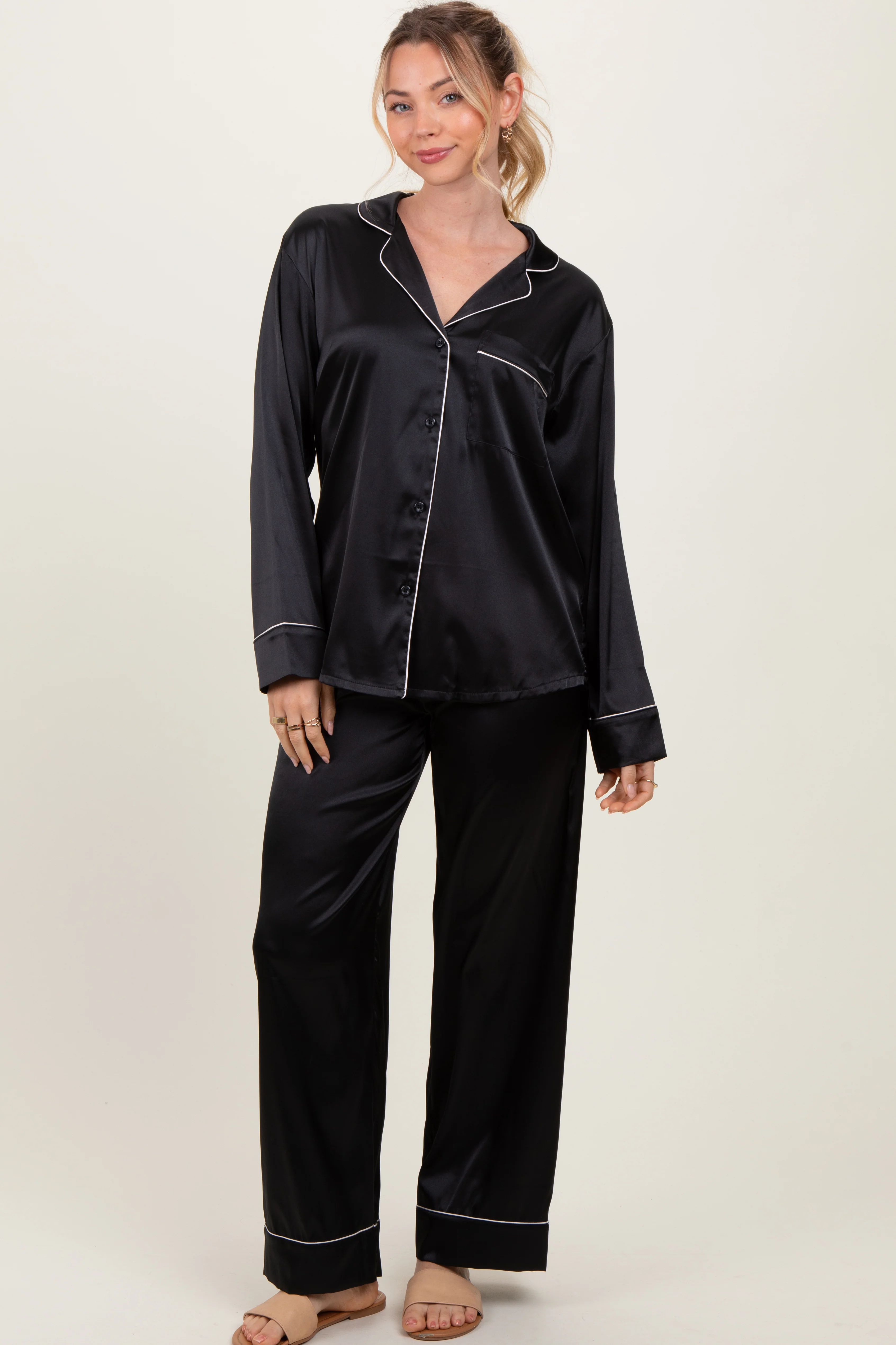 Black Satin Contrast Trim Long Sleeve Maternity Pajama Set - Image 5