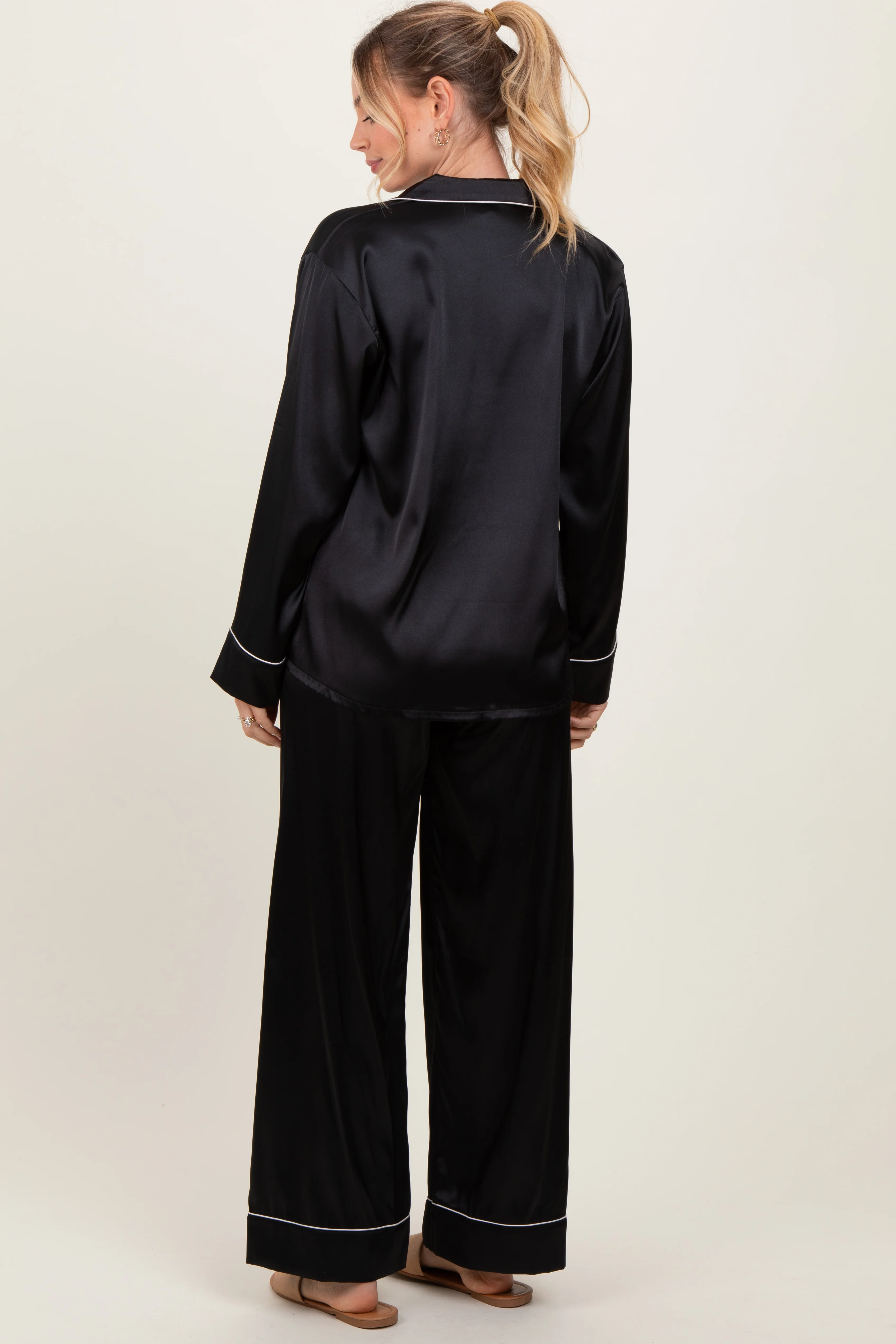 Black Satin Contrast Trim Long Sleeve Pajama Set - Image 4