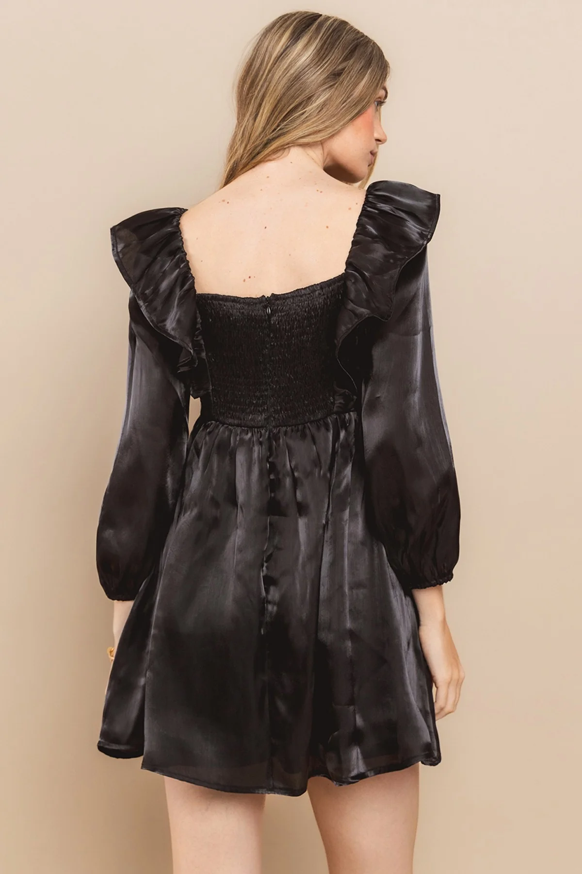 Black Satin Smocked Back Babydoll Dress - Image 4