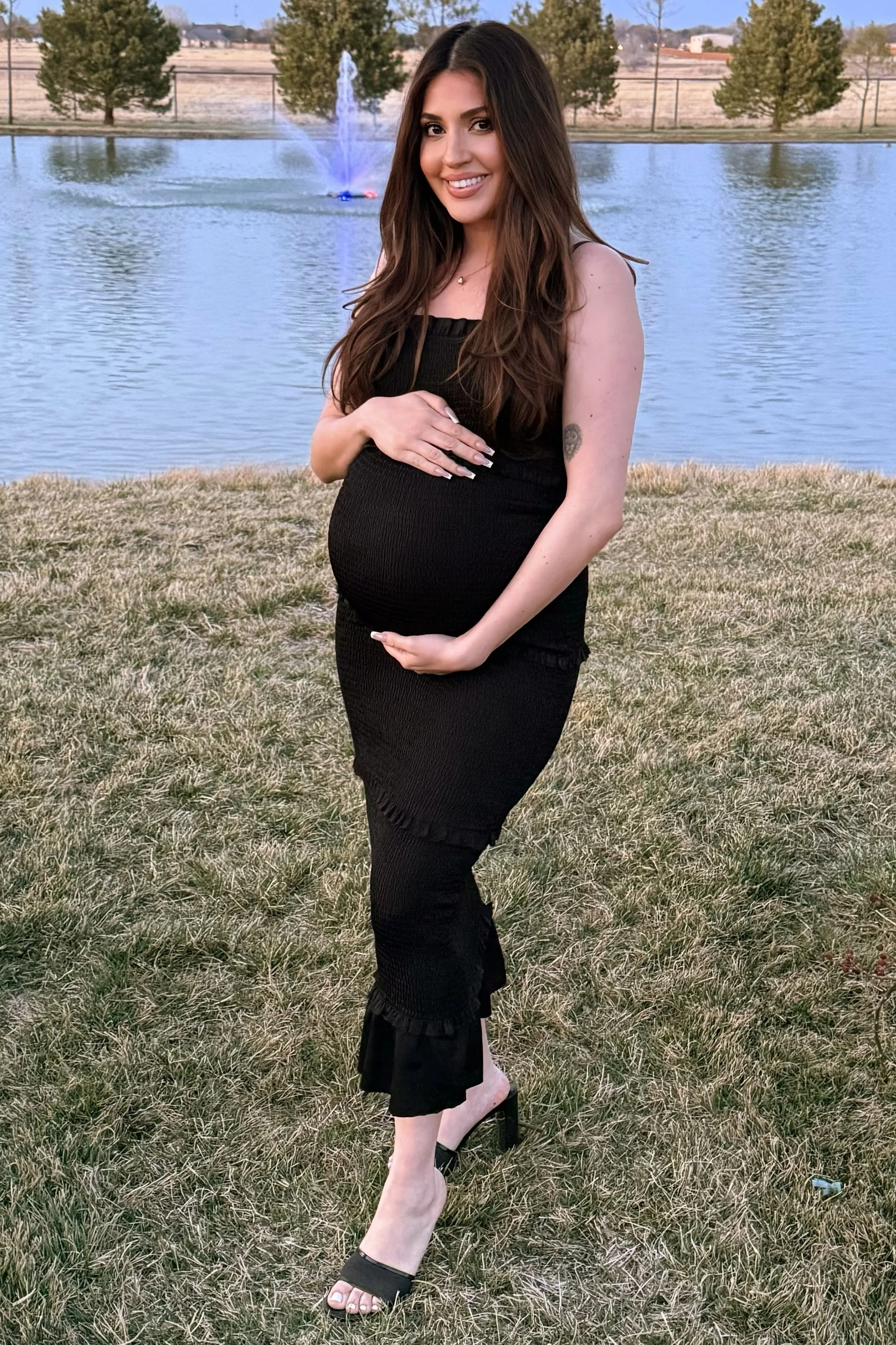 Black Satin Smocked Fitted Maternity Midi Dress - Image 13