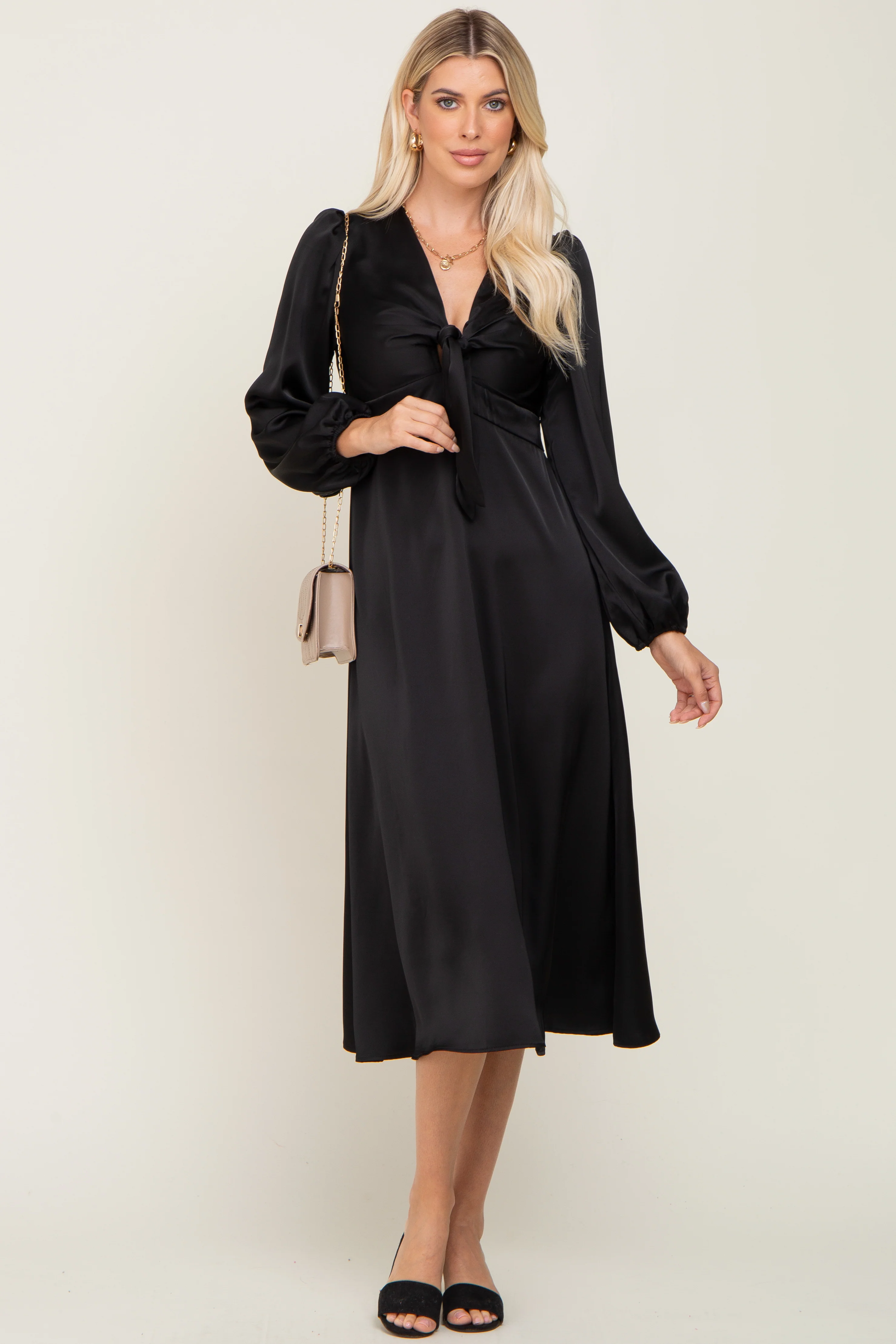 Black Satin Tie Front Cutout Maternity Midi Dress - Image 5