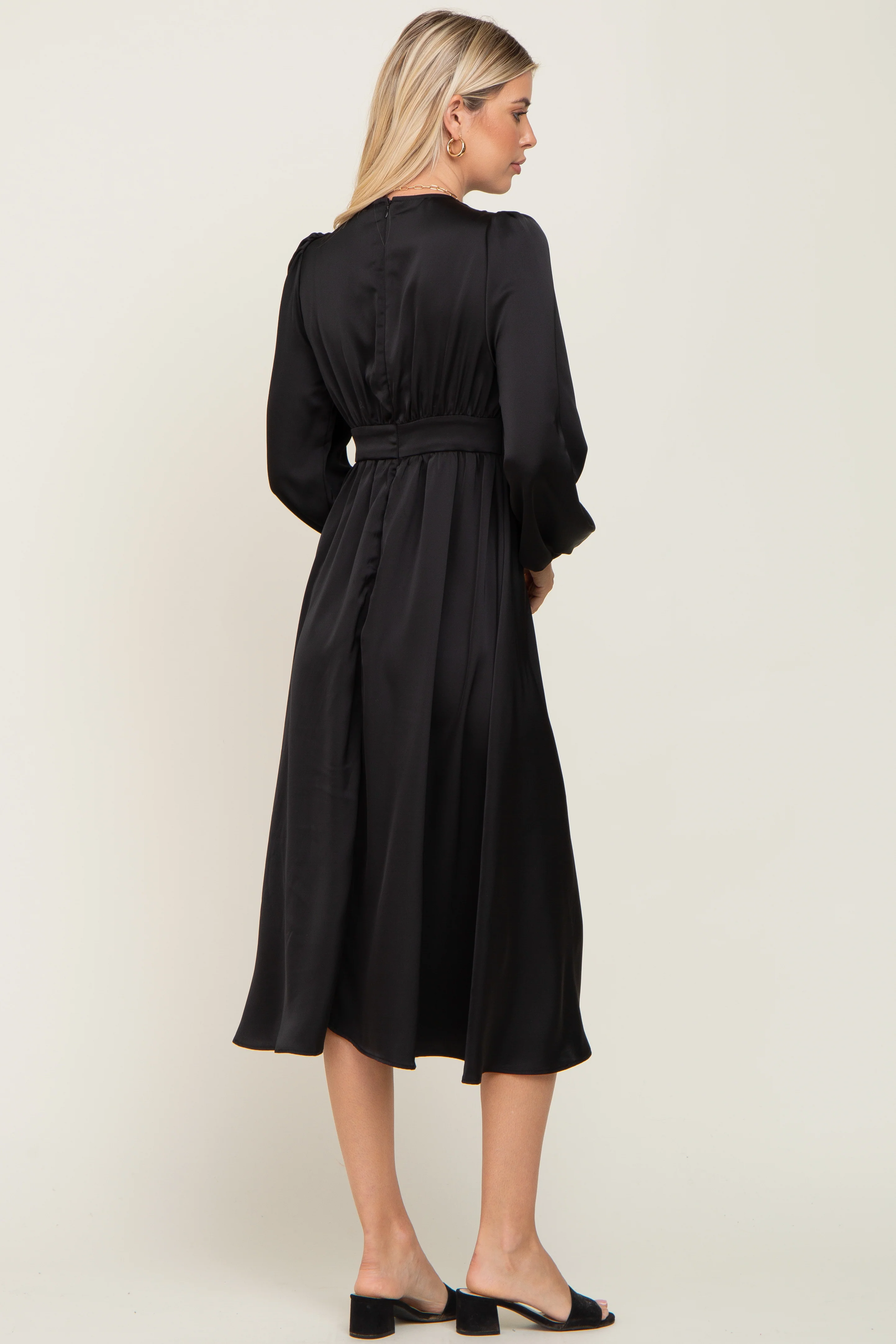 Black Satin Tie Front Cutout Midi Dress - Image 3