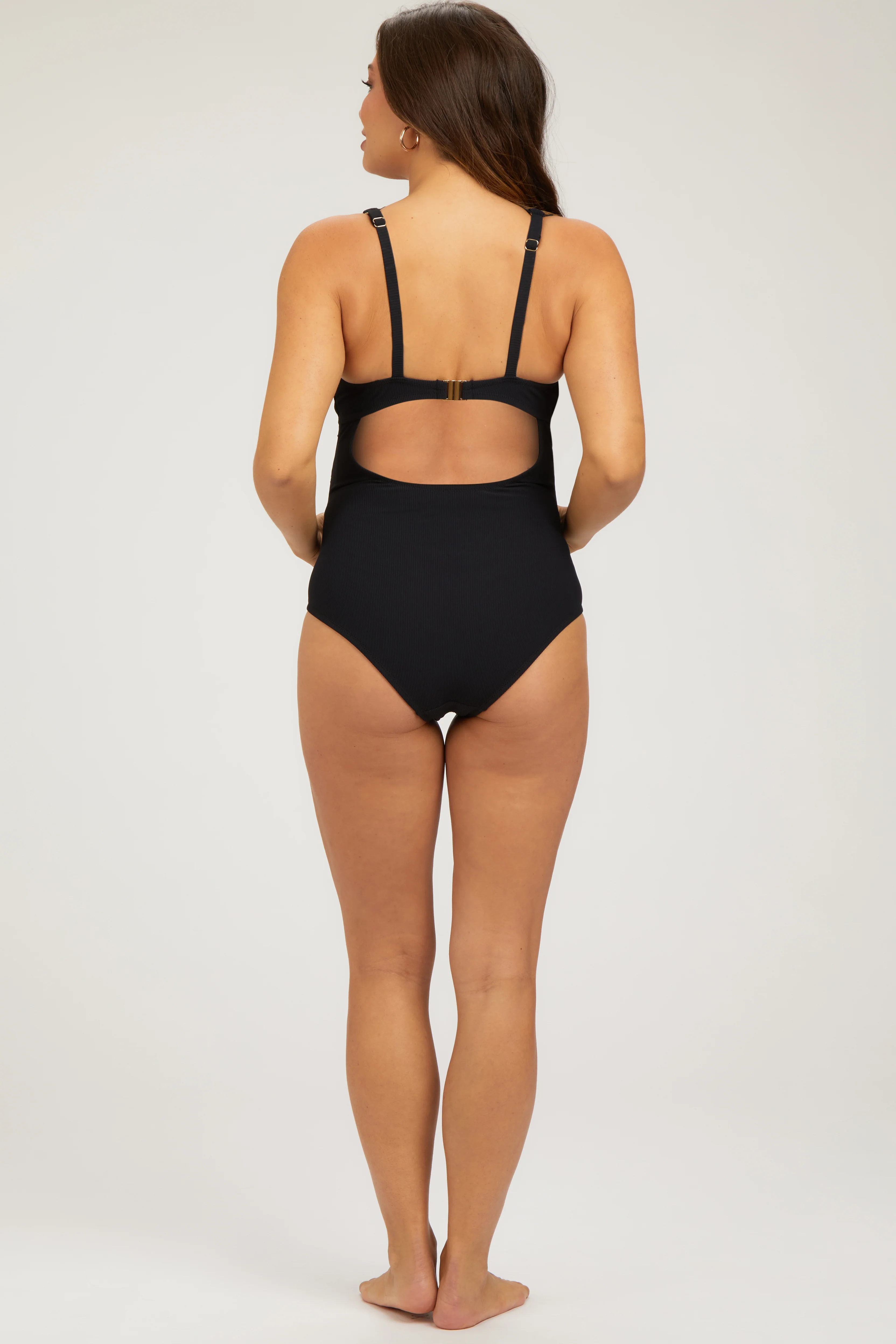Black Scallop Trim Maternity One Piece Swimsuit - Image 4