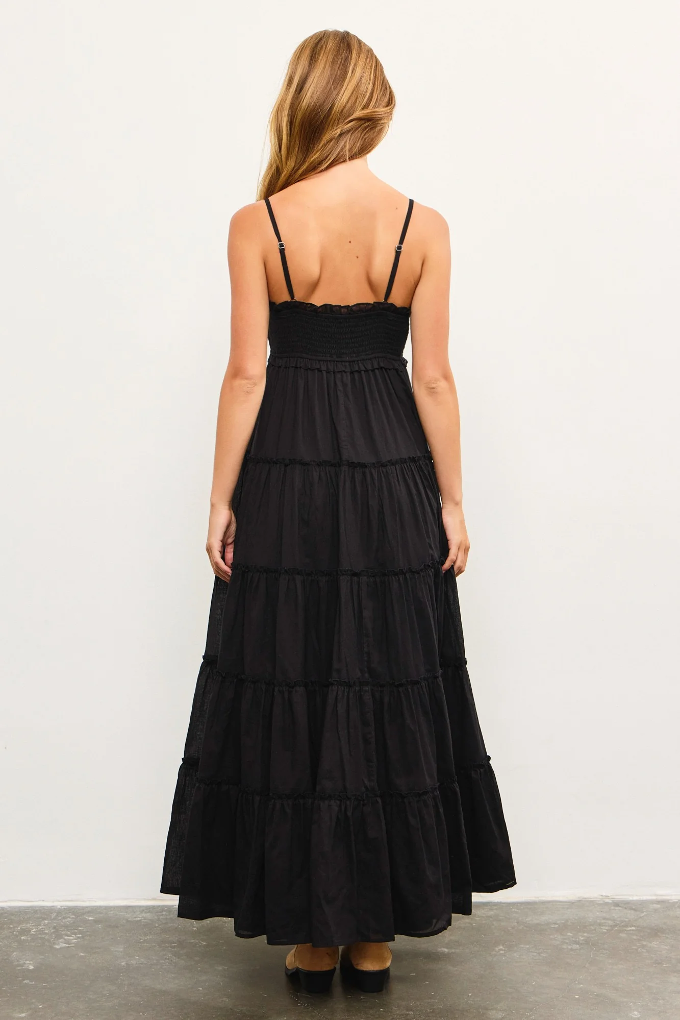Black Shirred Bust Ruffle Tiered Maxi Dress - Image 4