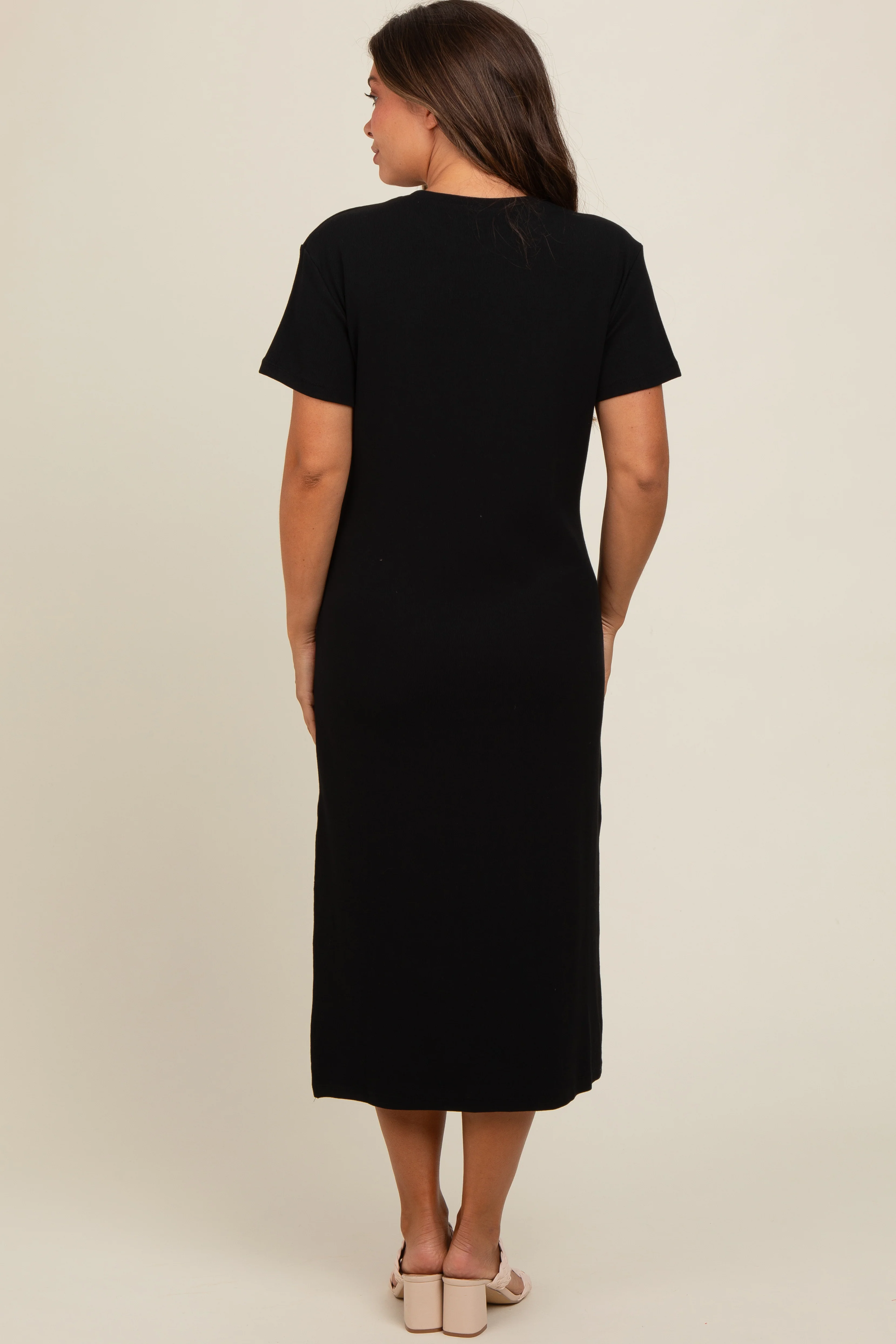 Black Short Sleeve Side Slit Maternity T-Shirt Midi Dress - Image 4