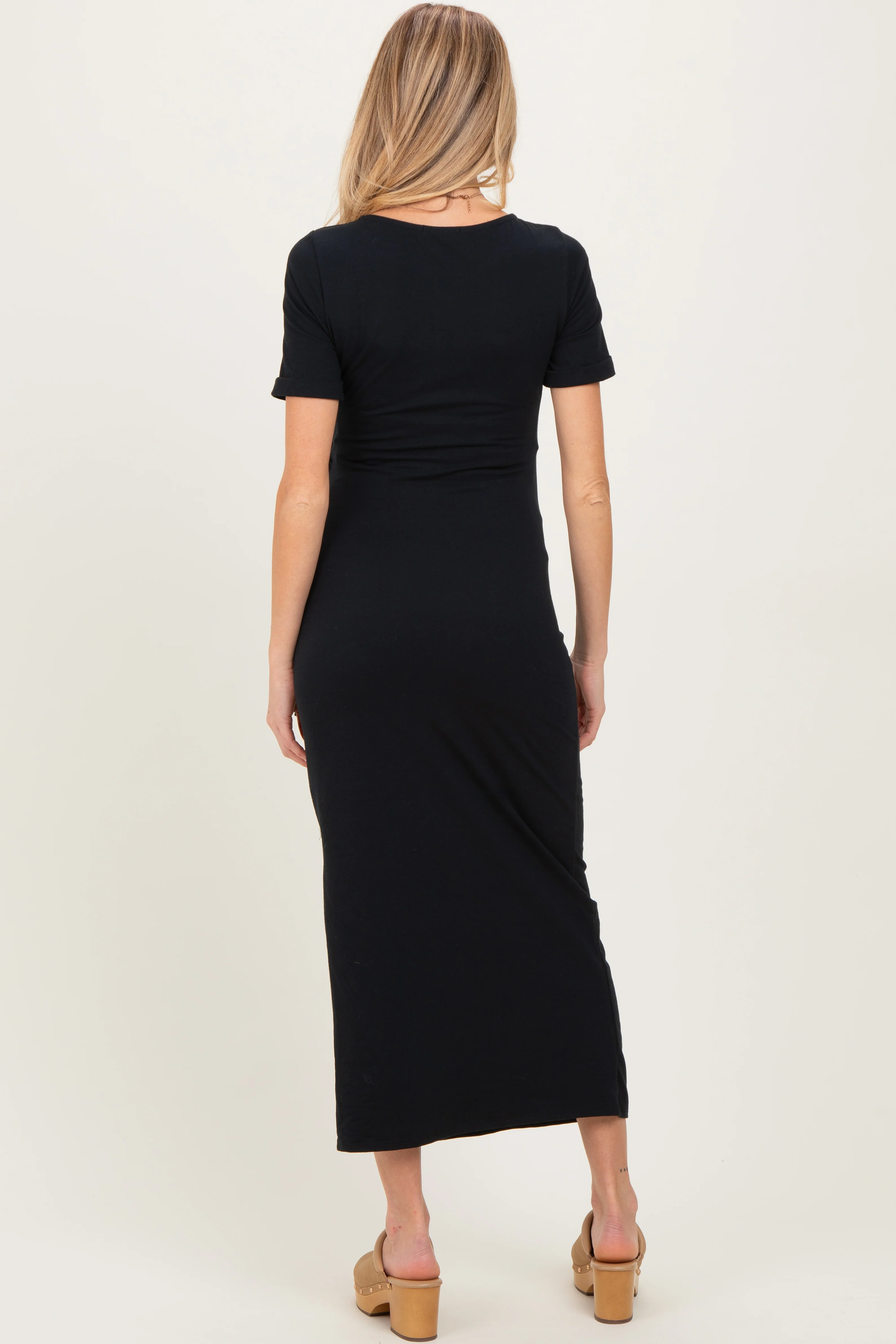 Black Short Sleeve Waist Tie Side Slit Maternity Maxi Dress - Image 4