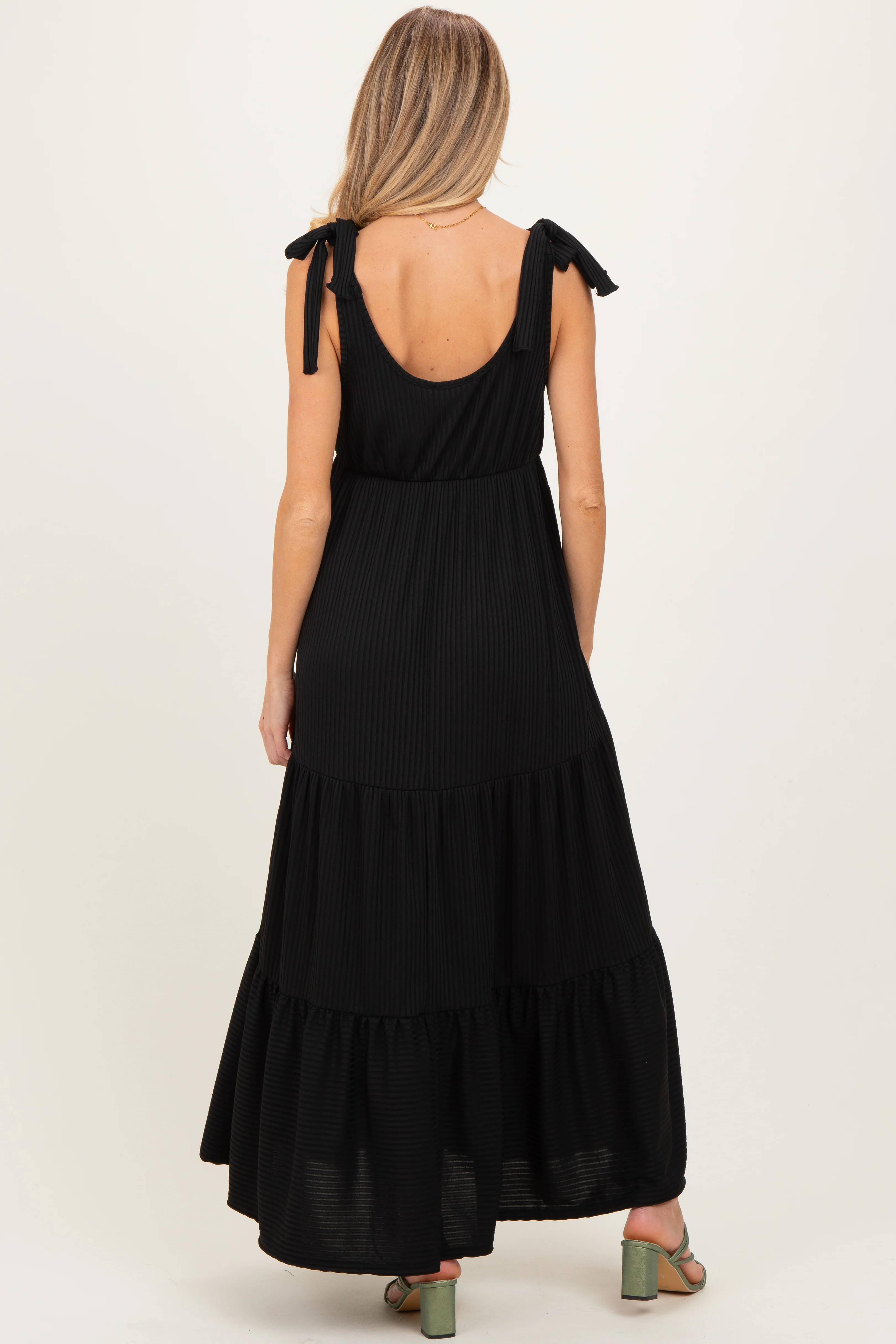 Black Shoulder Tie Ribbed Tiered Maternity Maxi Dress - Image 4