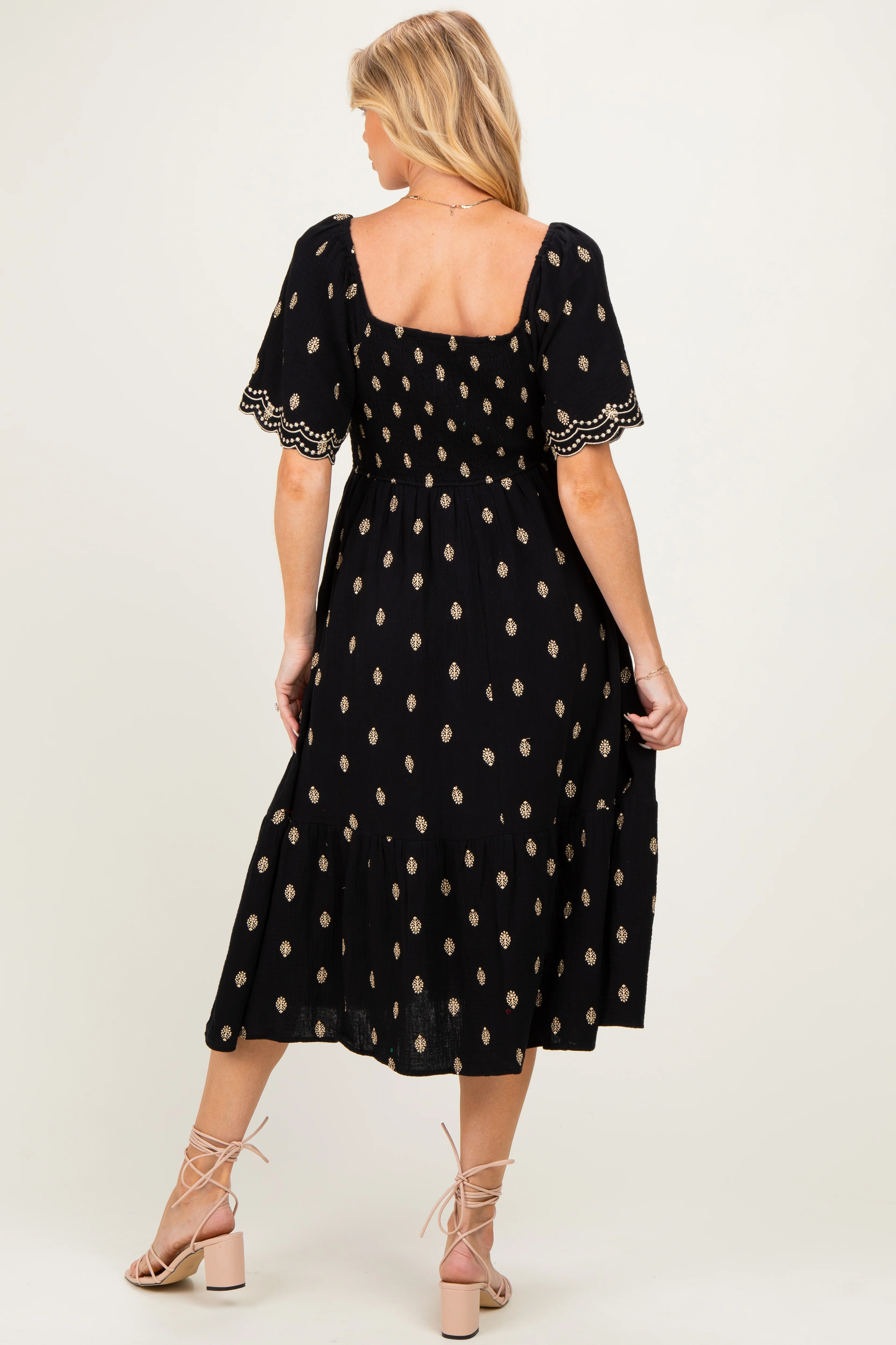 Black Smocked Embroidered Maternity Midi Dress - Image 3