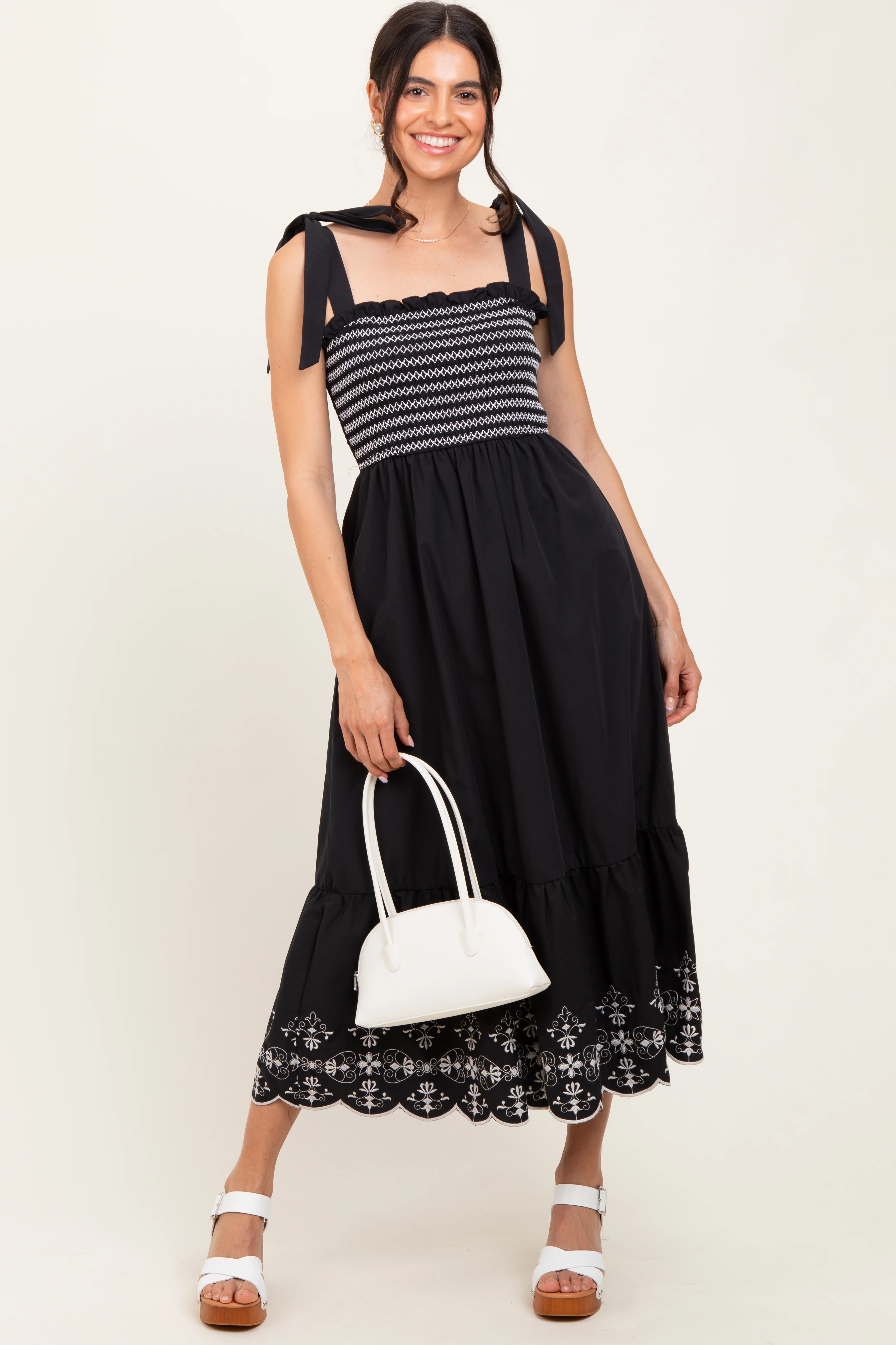 Black Smocked Embroidered Shoulder Tie Maternity Midi Dress - Image 4