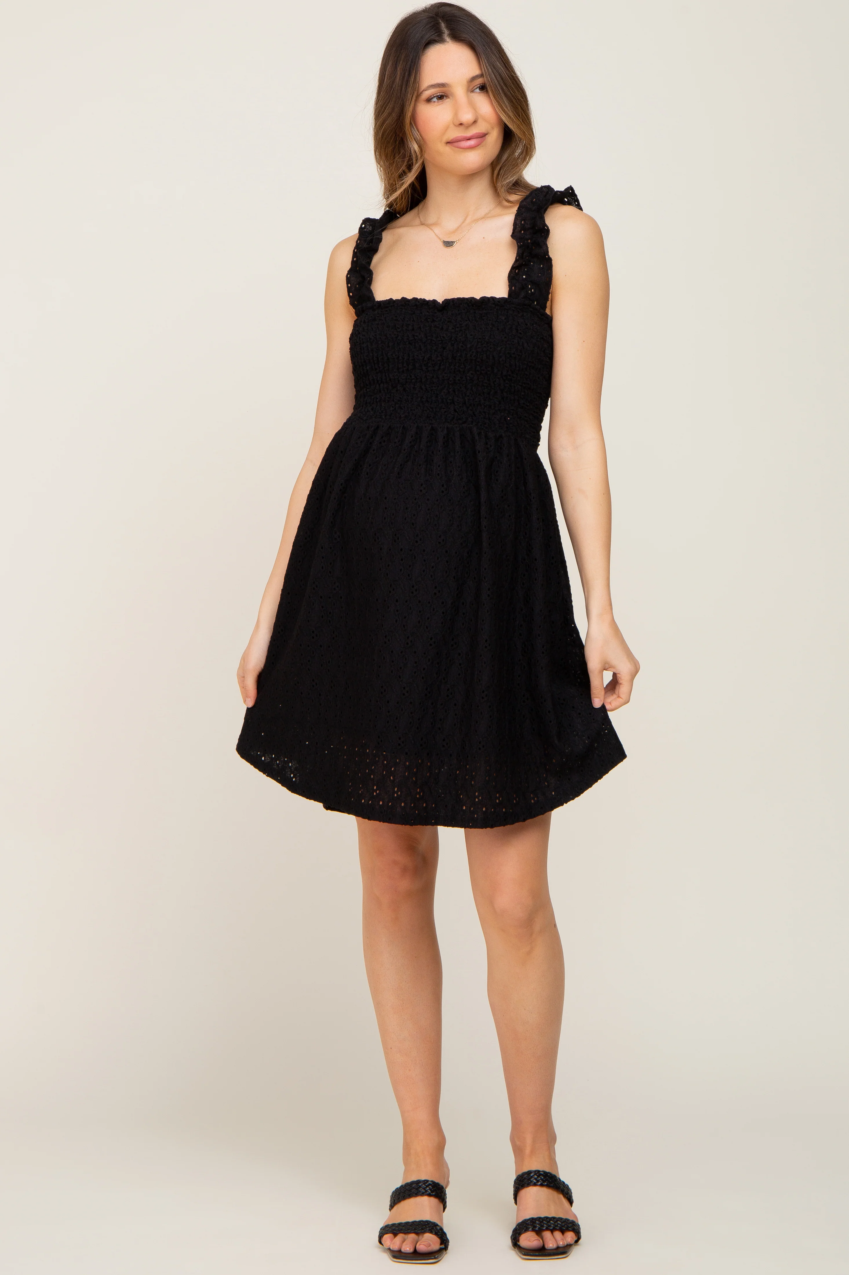 Black Smocked Eyelet Maternity Dress - Image 6