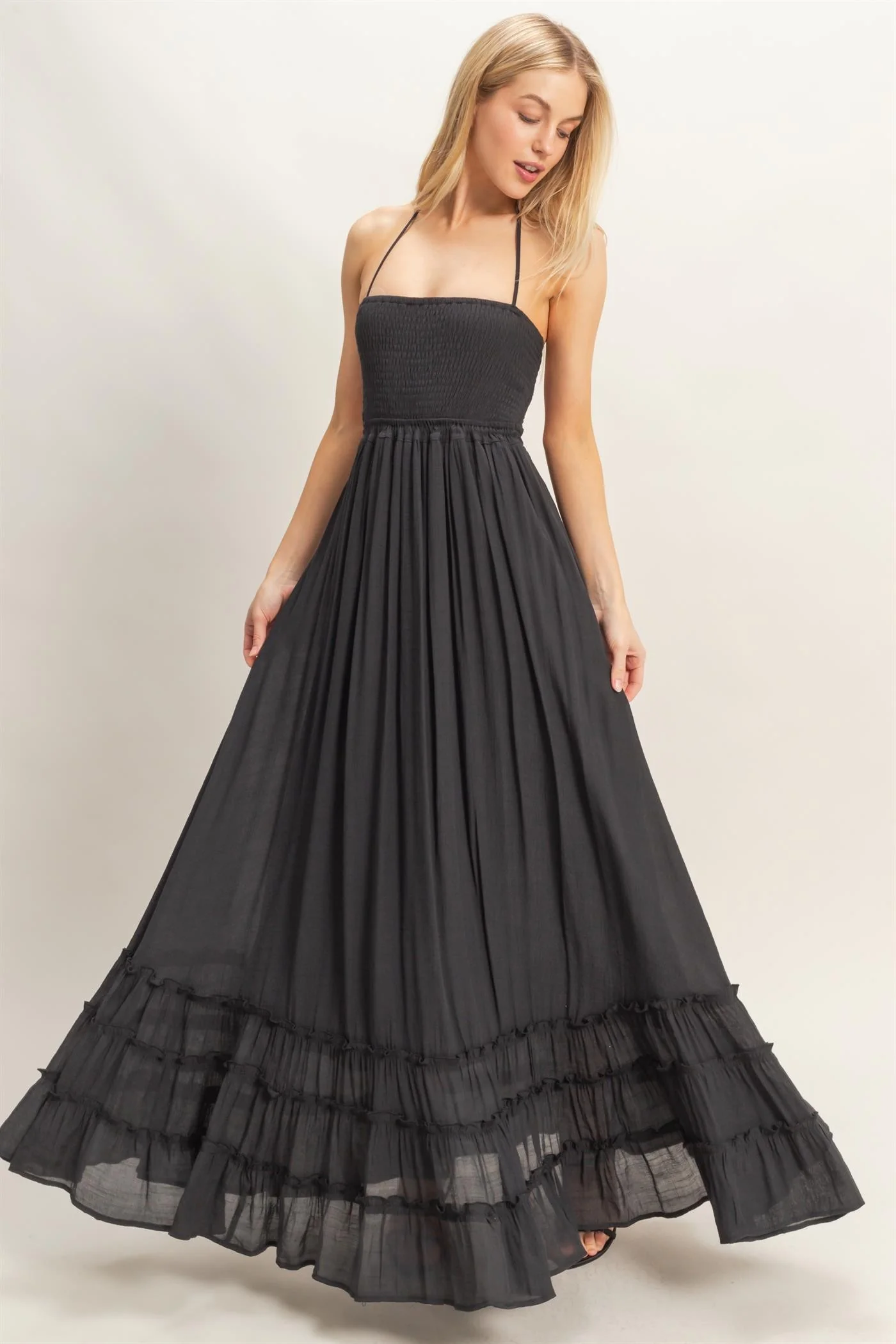Black Smocked Halter Open Back Maxi Dress - Image 3
