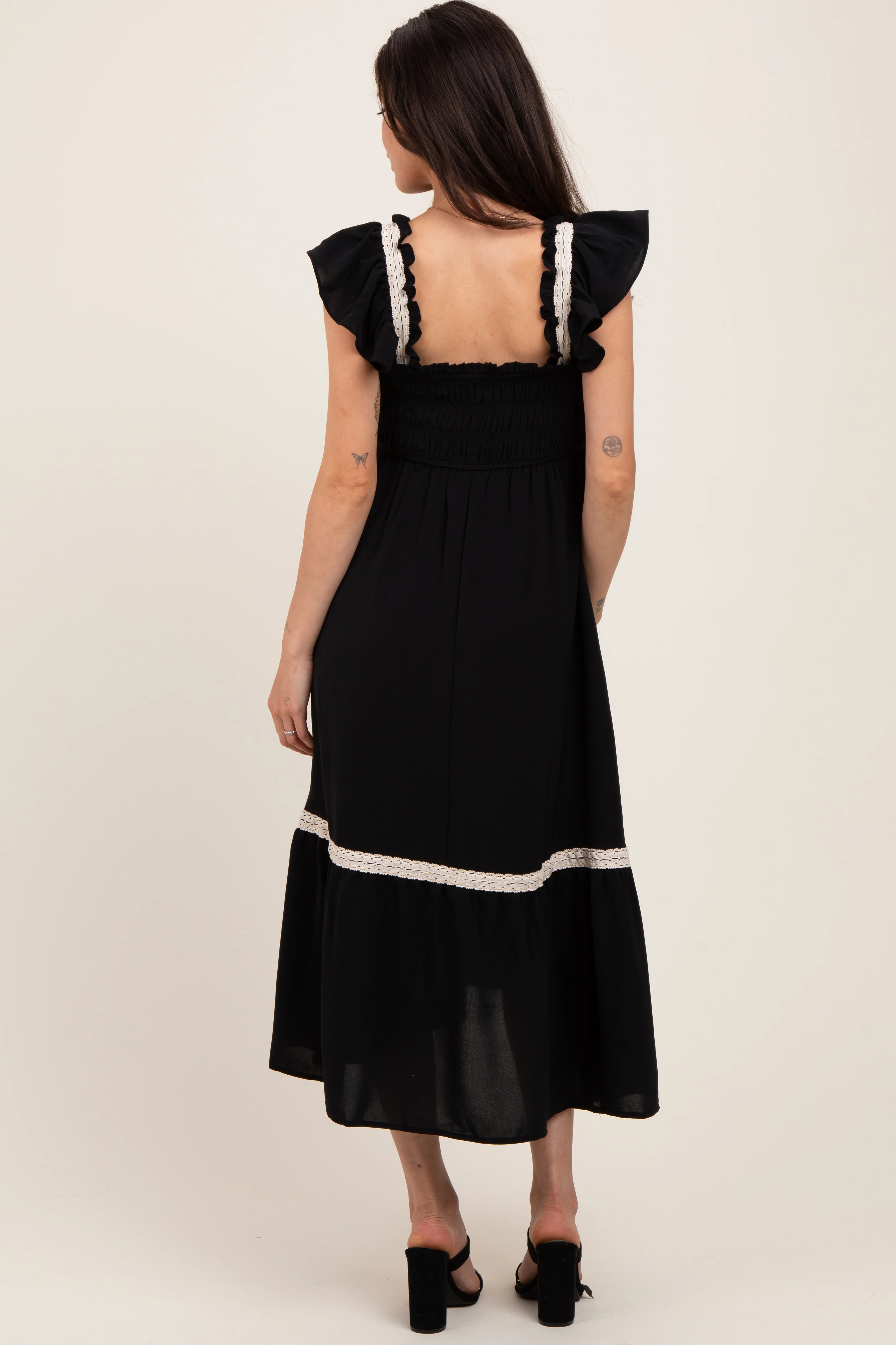 Black Smocked Lace Detail Maternity Midi Dress - Image 3
