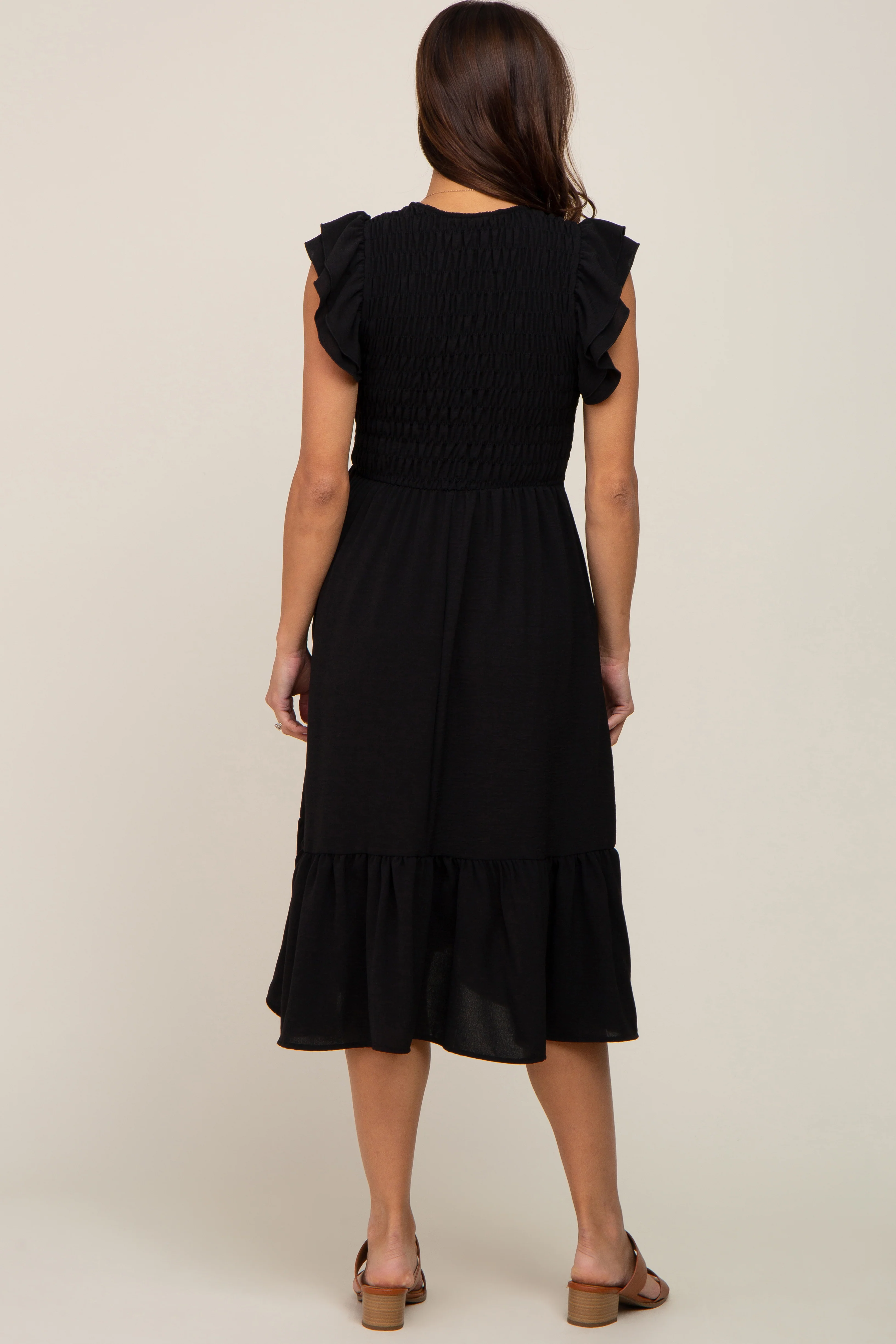 Black Smocked Layered Ruffle Flutter Sleeve Maternity Midi Dress - Image 3