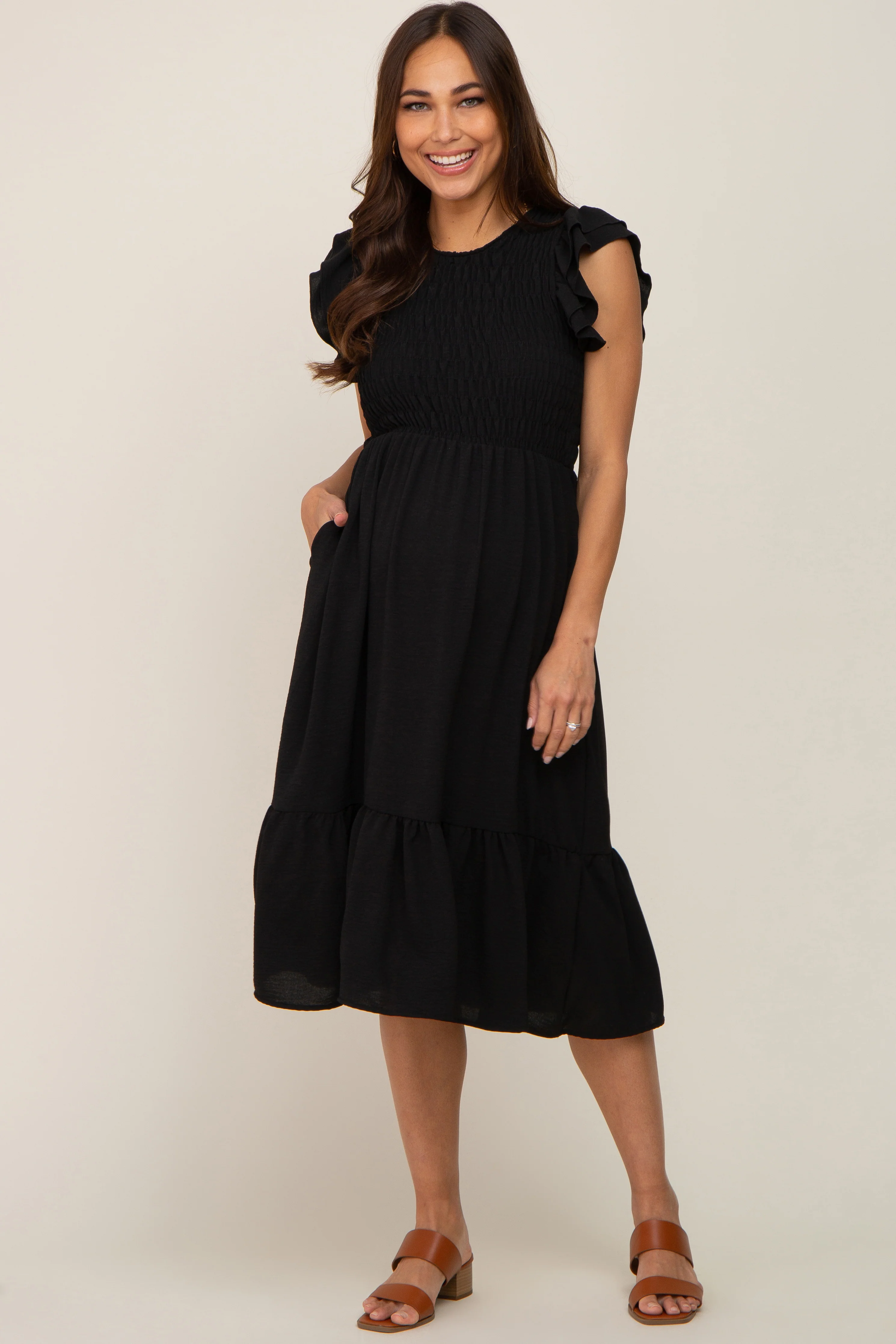 Black Smocked Layered Ruffle Flutter Sleeve Maternity Midi Dress - Image 4