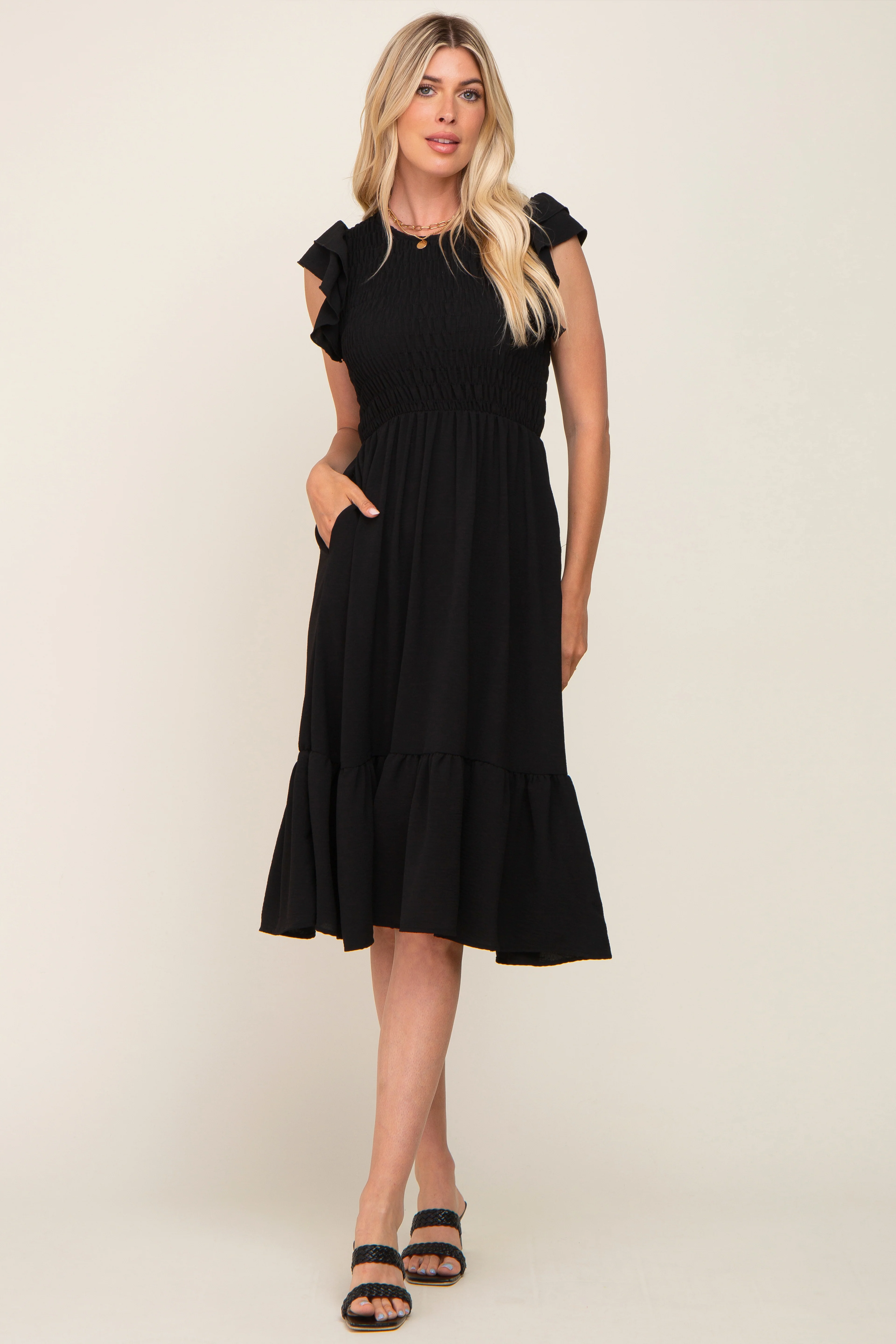 Black Smocked Layered Ruffle Flutter Sleeve Maternity Midi Dress - Image 5