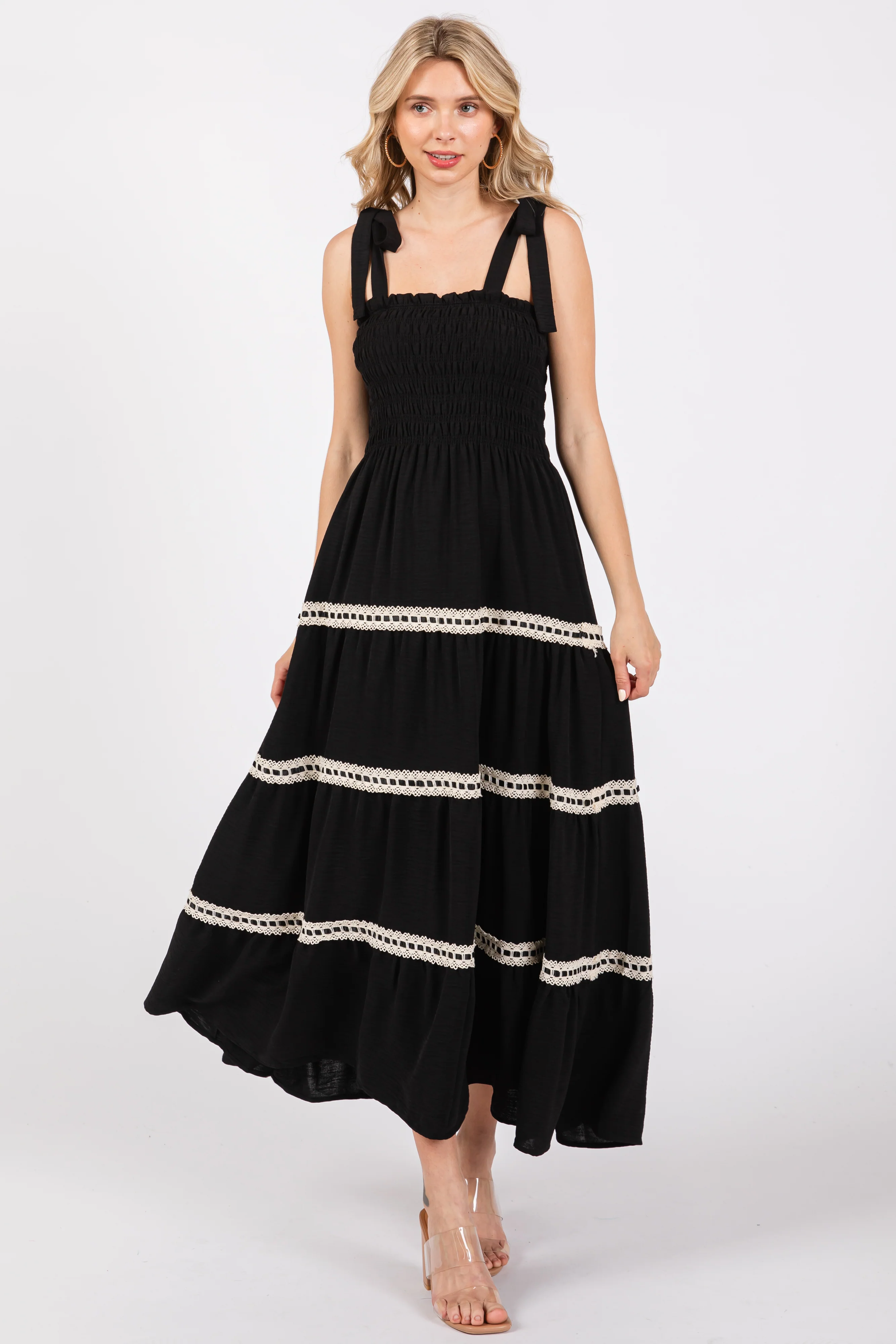 Black Smocked Maternity Maxi Dress - Image 5