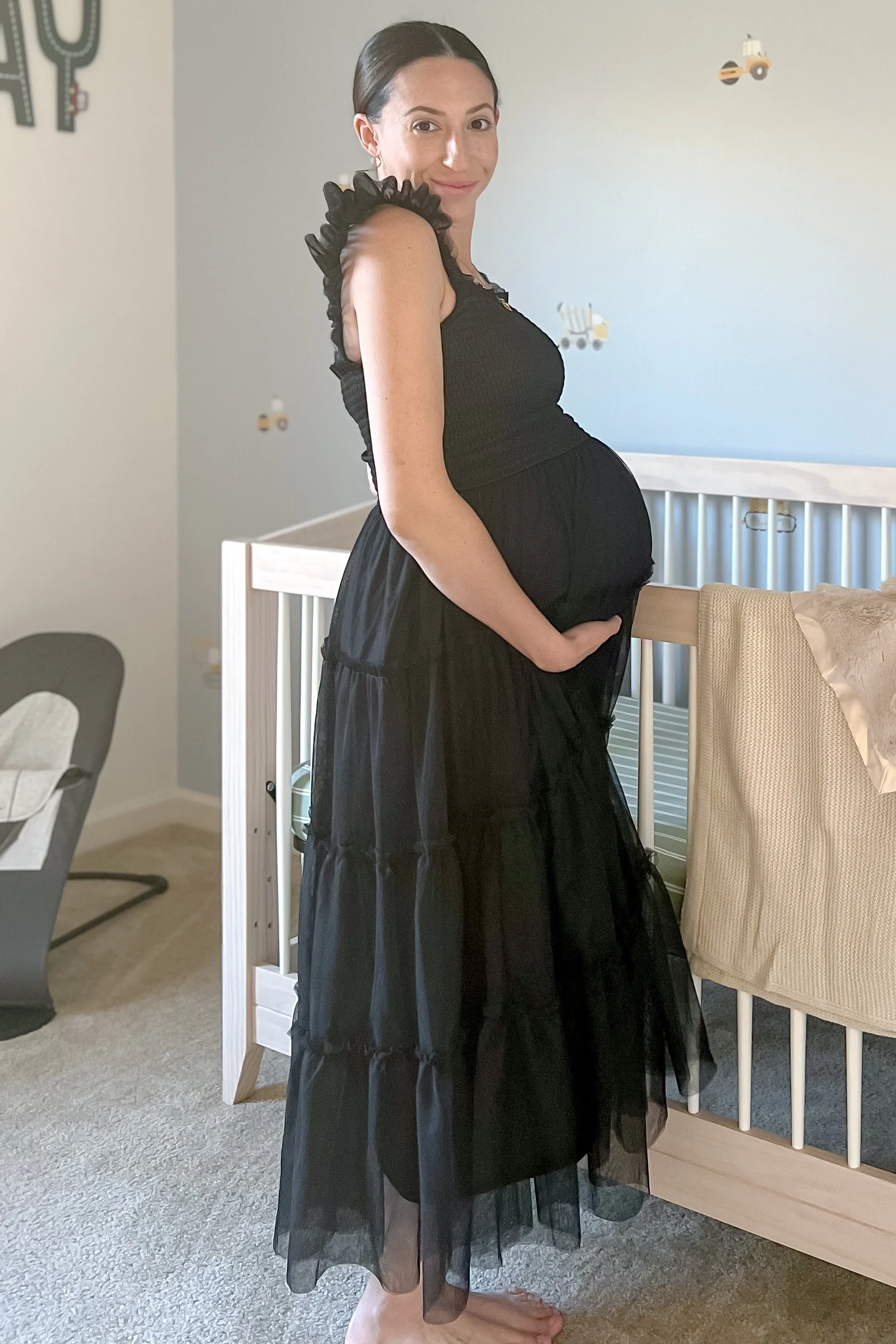 Black Smocked Mesh Ruffle Accent Maternity Midi Dress - Image 8