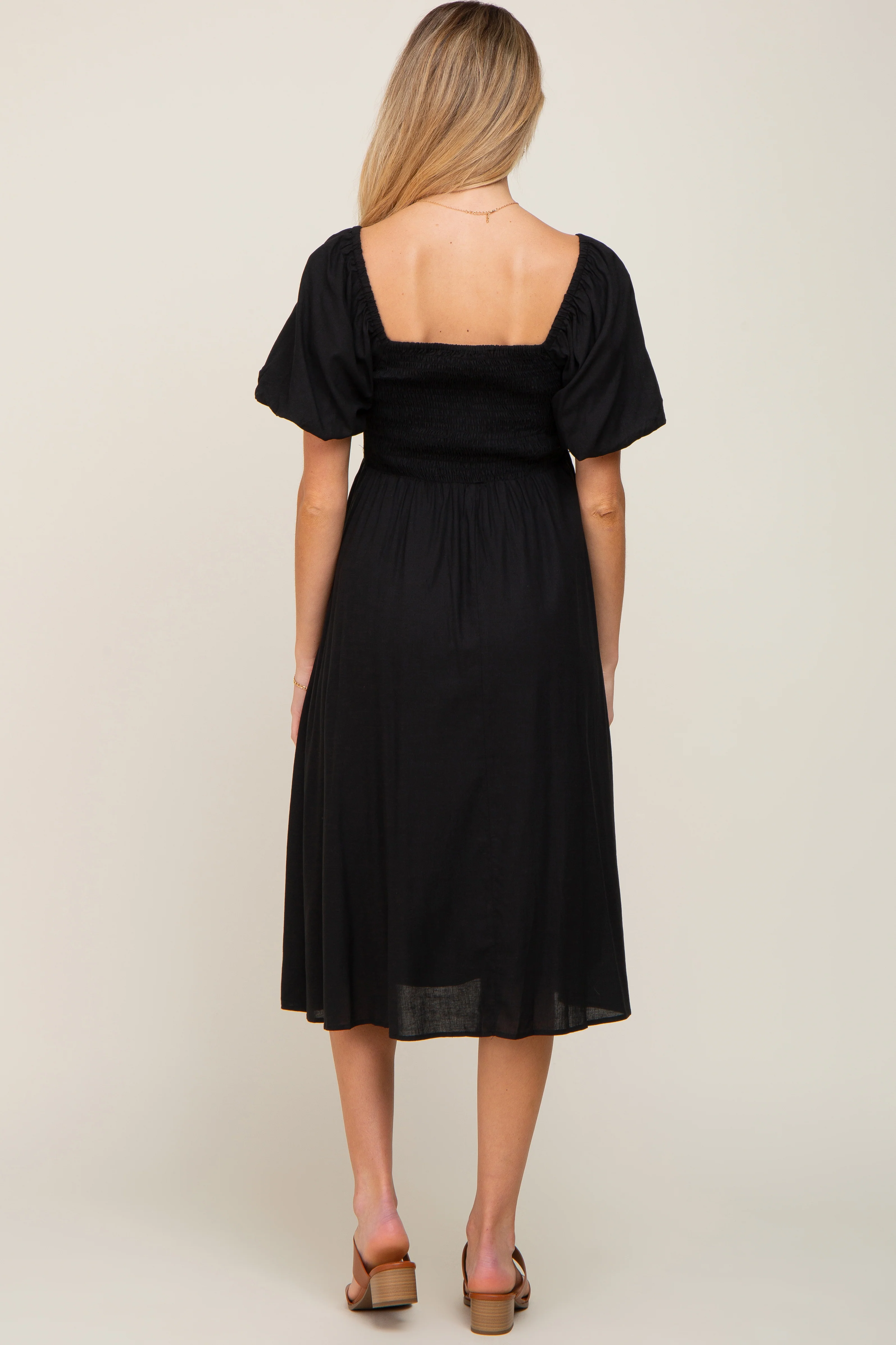 Black Smocked Puff Sleeve Maternity Midi Dress - Image 3
