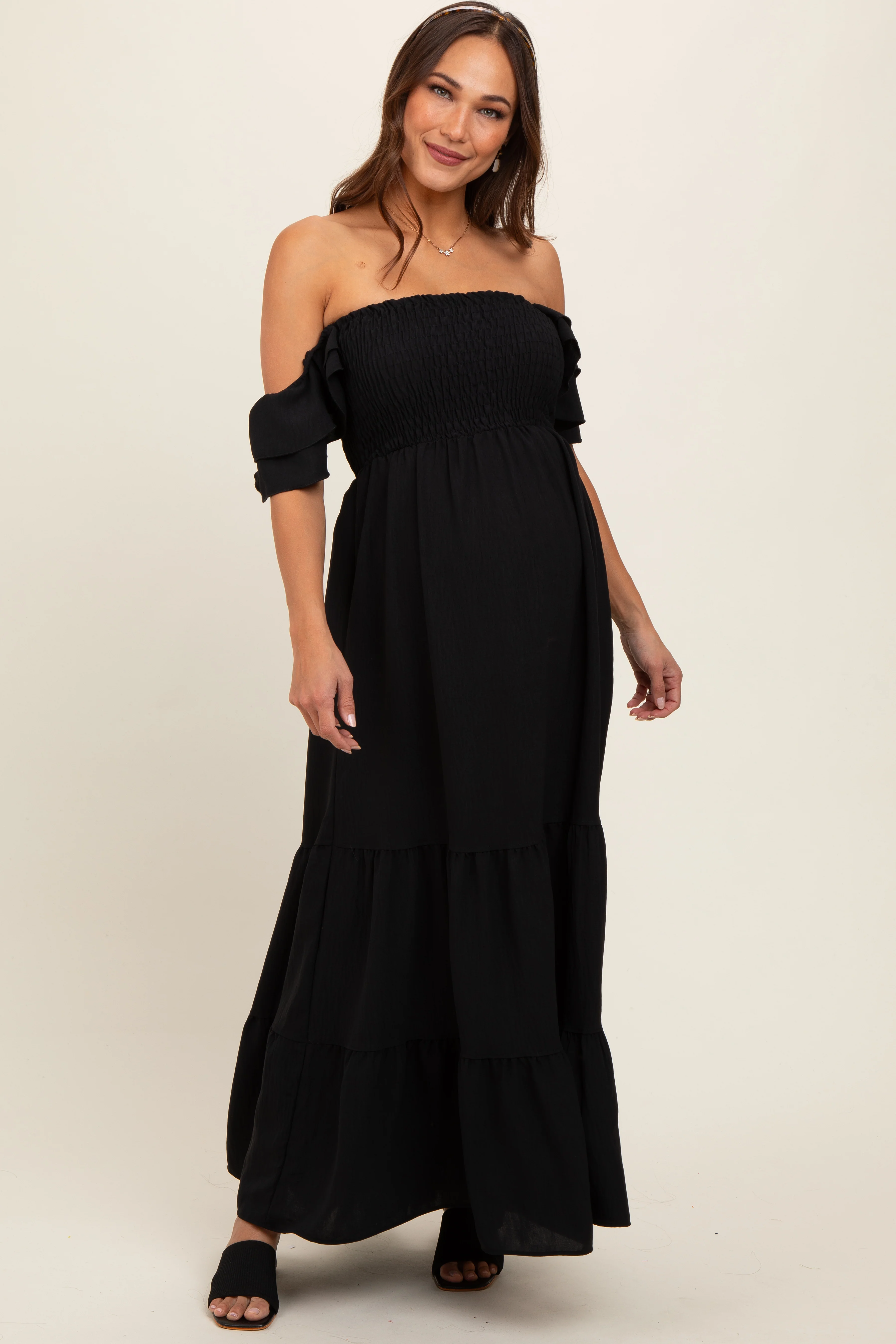 Black Smocked Ruffle Off Shoulder Tiered Maternity Maxi Dress - Image 3
