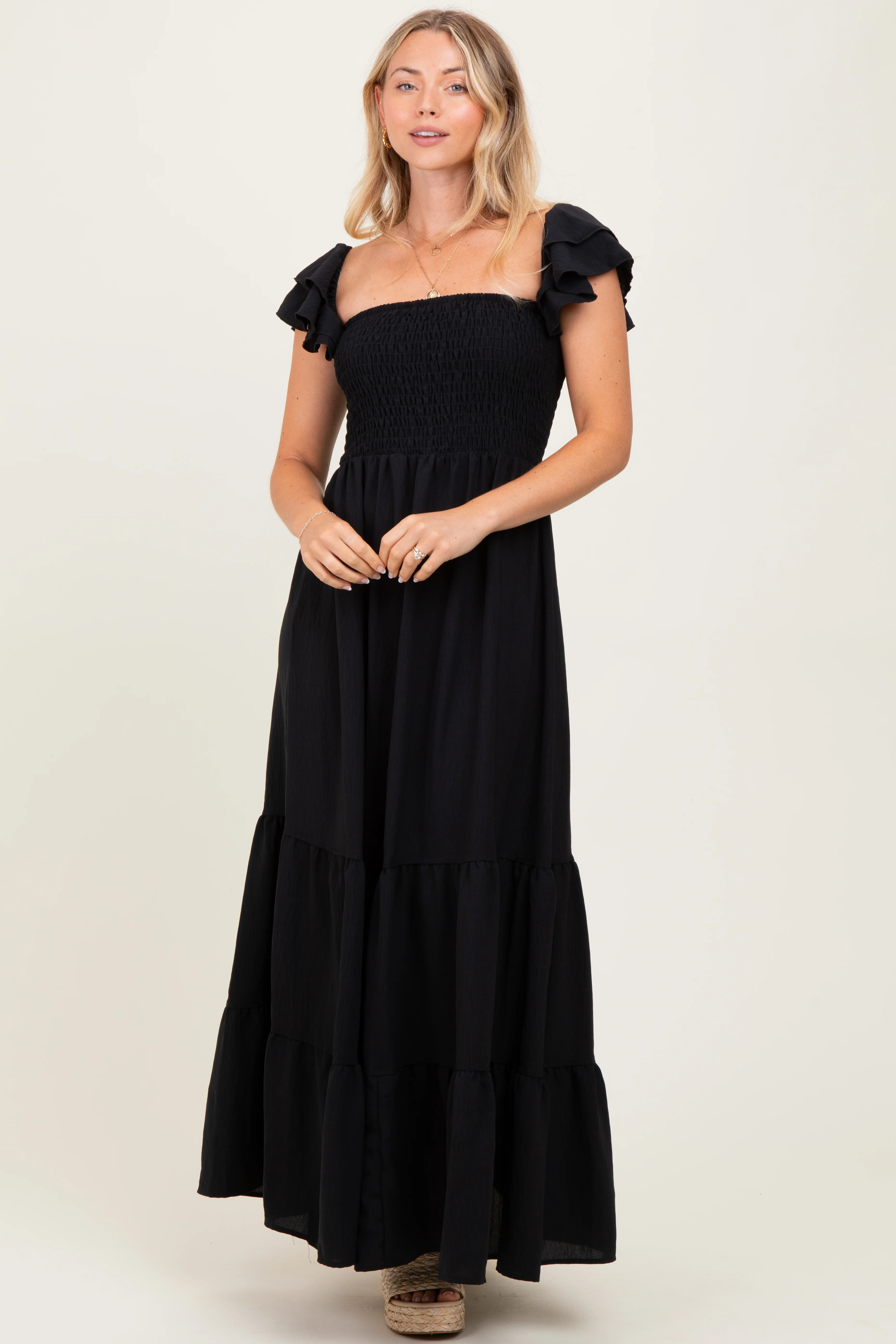Black Smocked Ruffle Off Shoulder Tiered Maternity Maxi Dress - Image 6